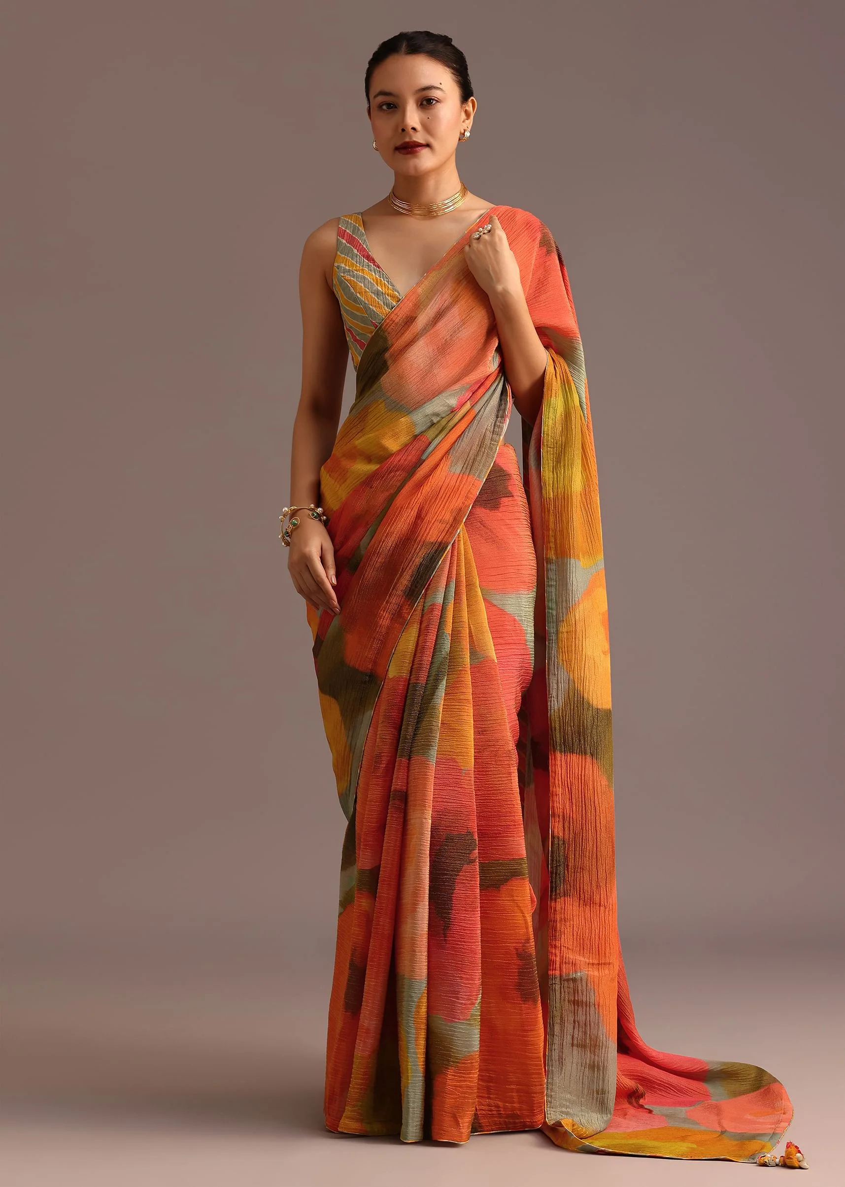 Orange Abstract Printed Crush Saree - Image 3