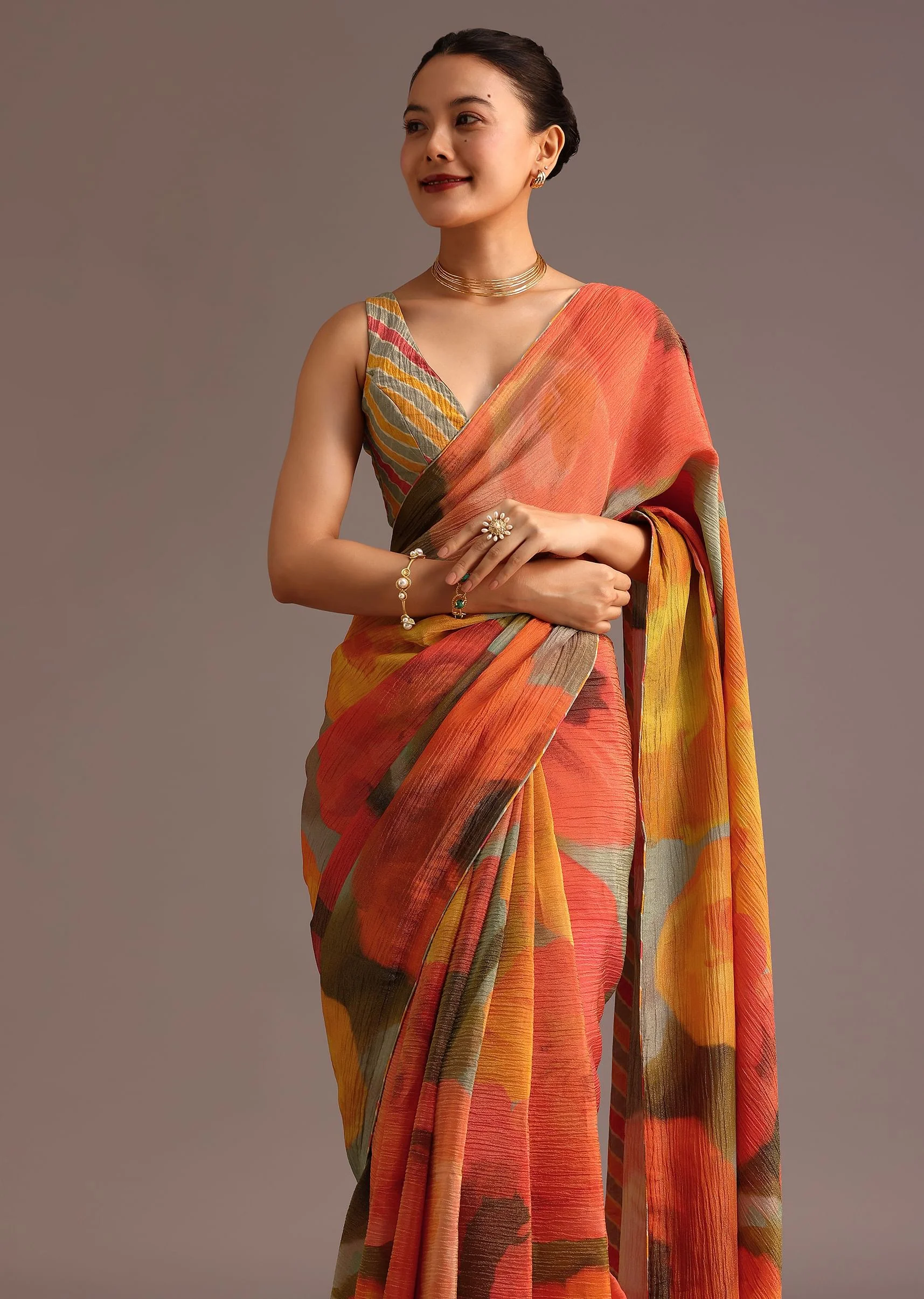 Orange Abstract Printed Crush Saree - Image 4
