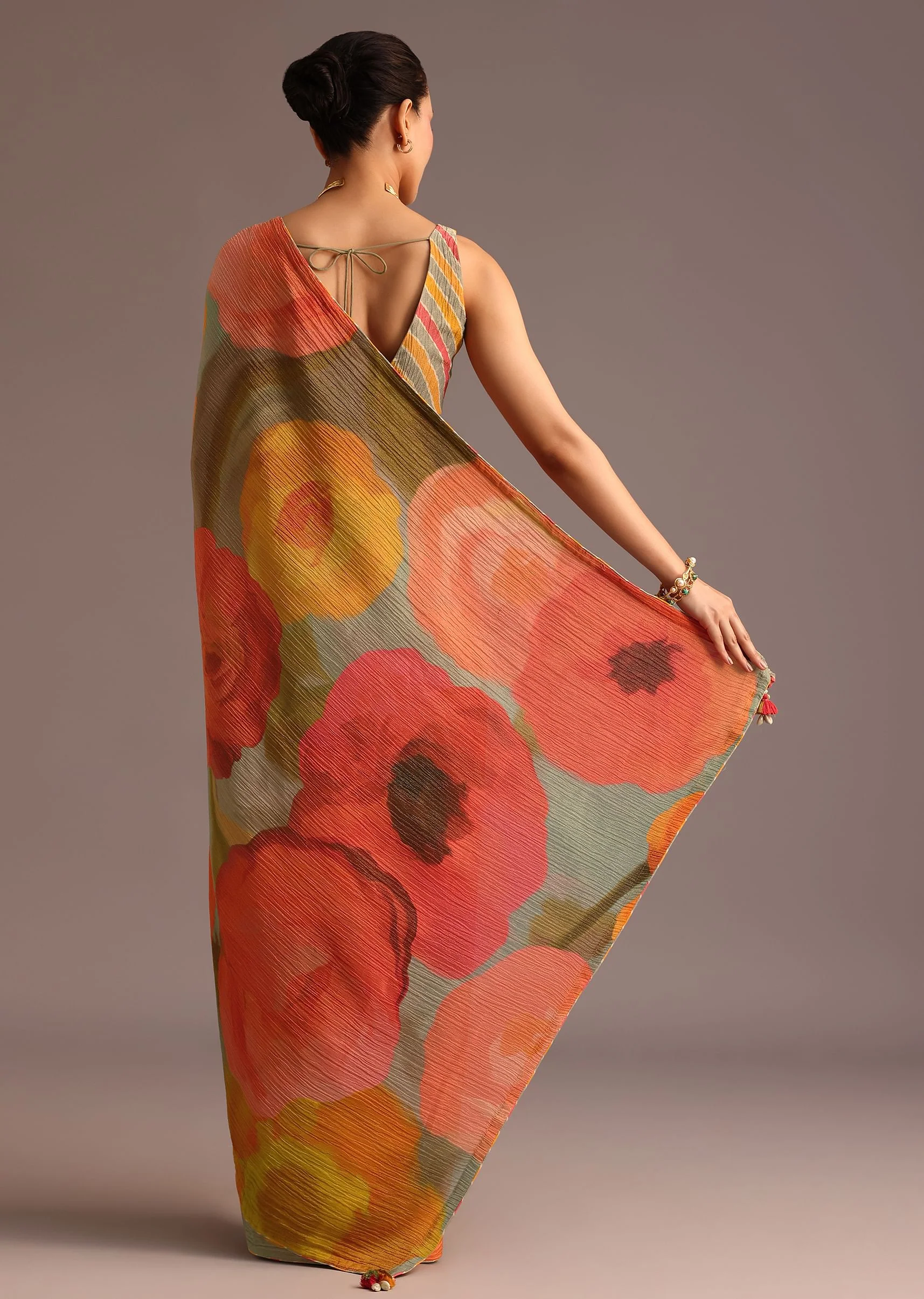 Orange Abstract Printed Crush Saree - Image 5