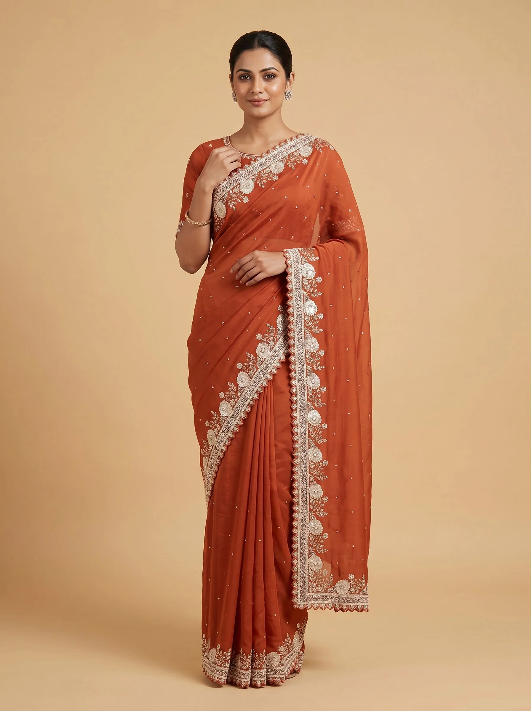 Orange Amber Burst Embroidered Saree