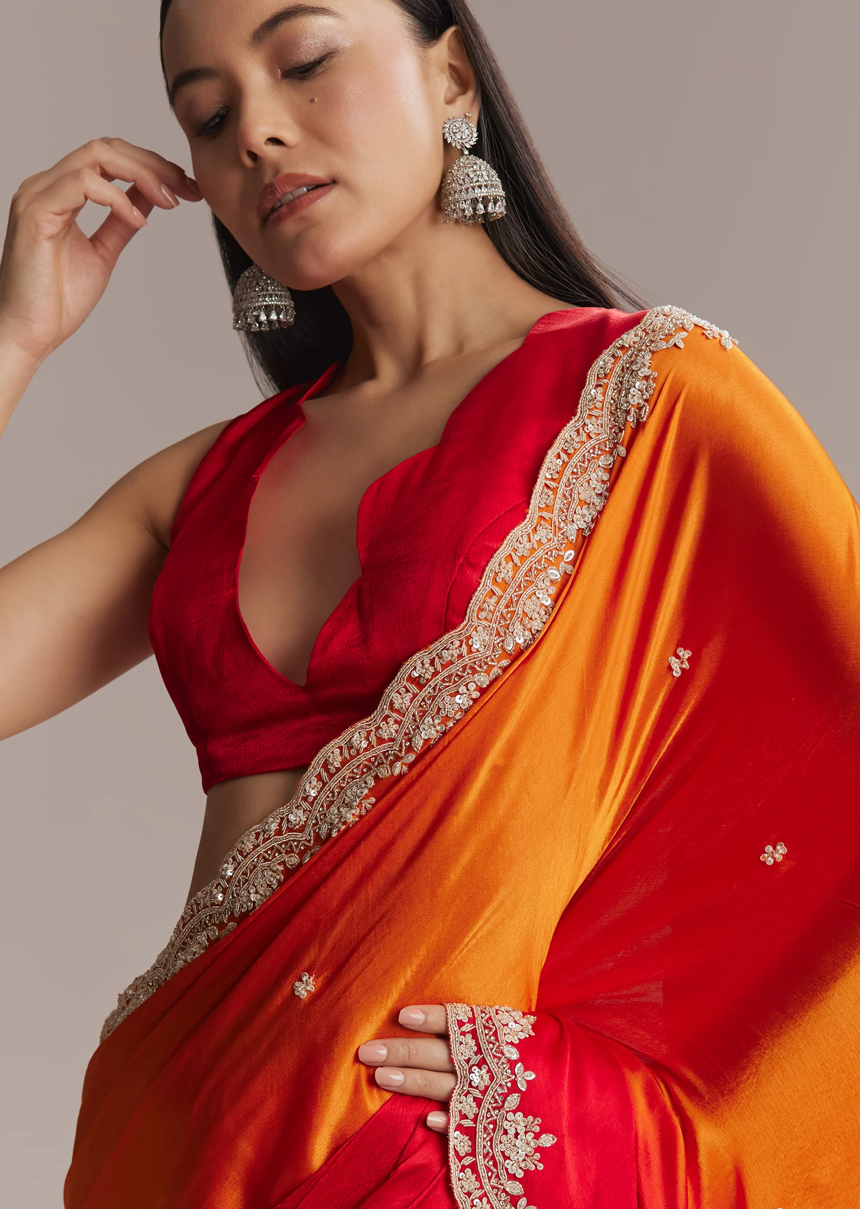 Orange And Red Chinon Saree With Sequin And Bead Embroidery - Image 2