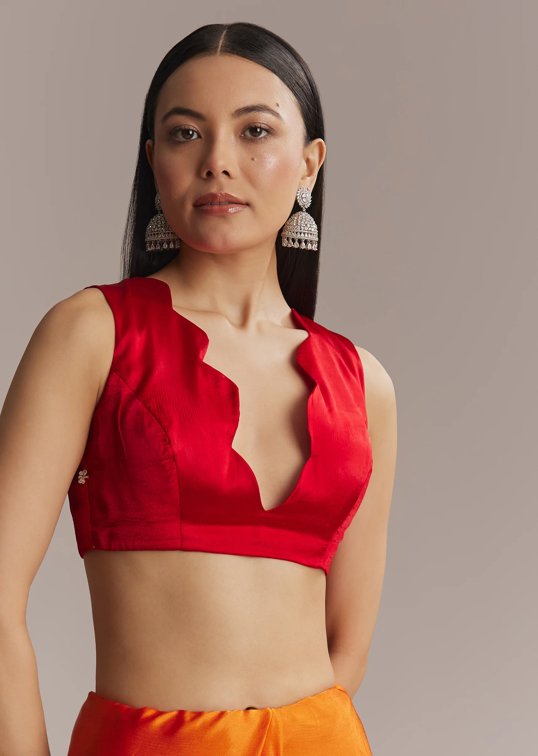 Orange And Red Chinon Saree With Sequin And Bead Embroidery - Image 7