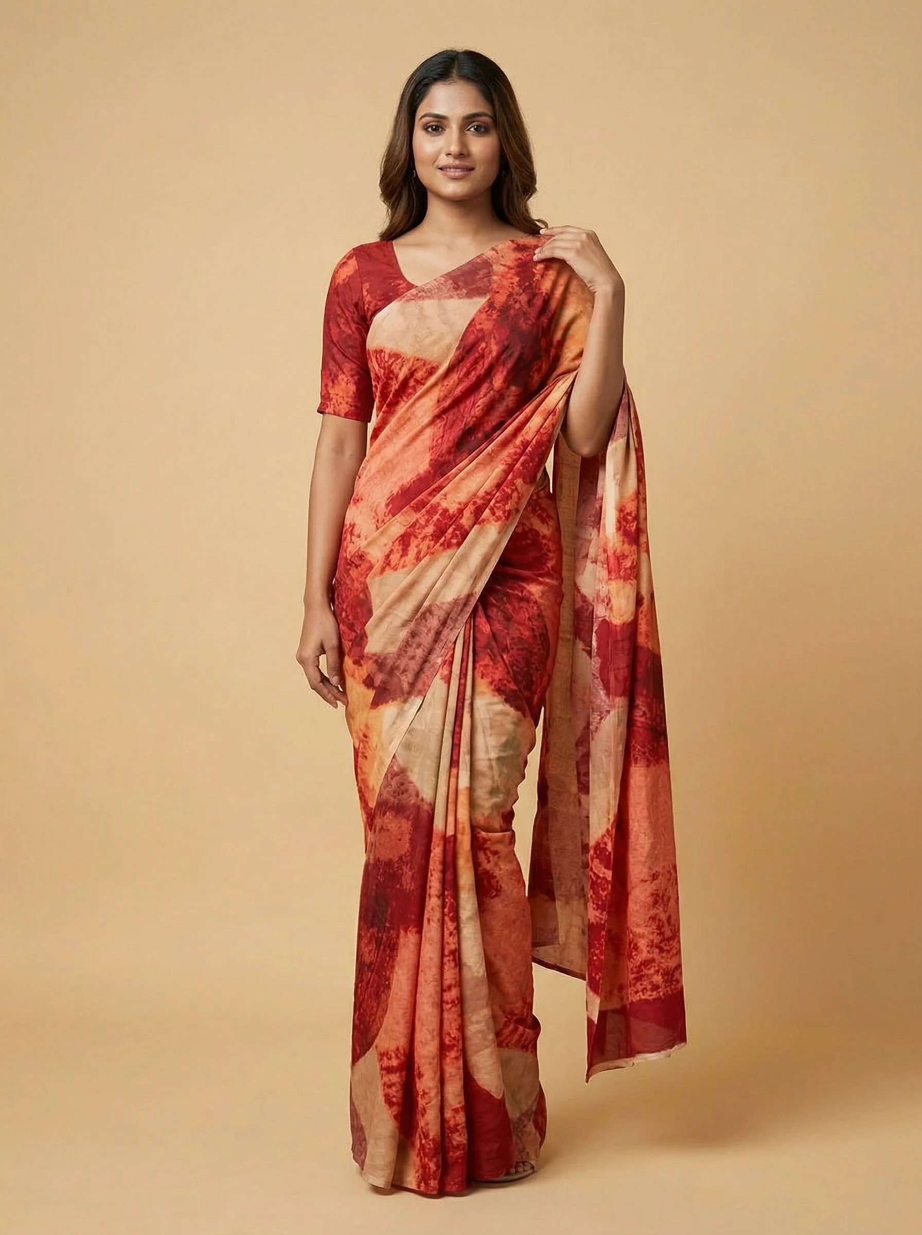 Orange Blue Contrast Embroidered Saree