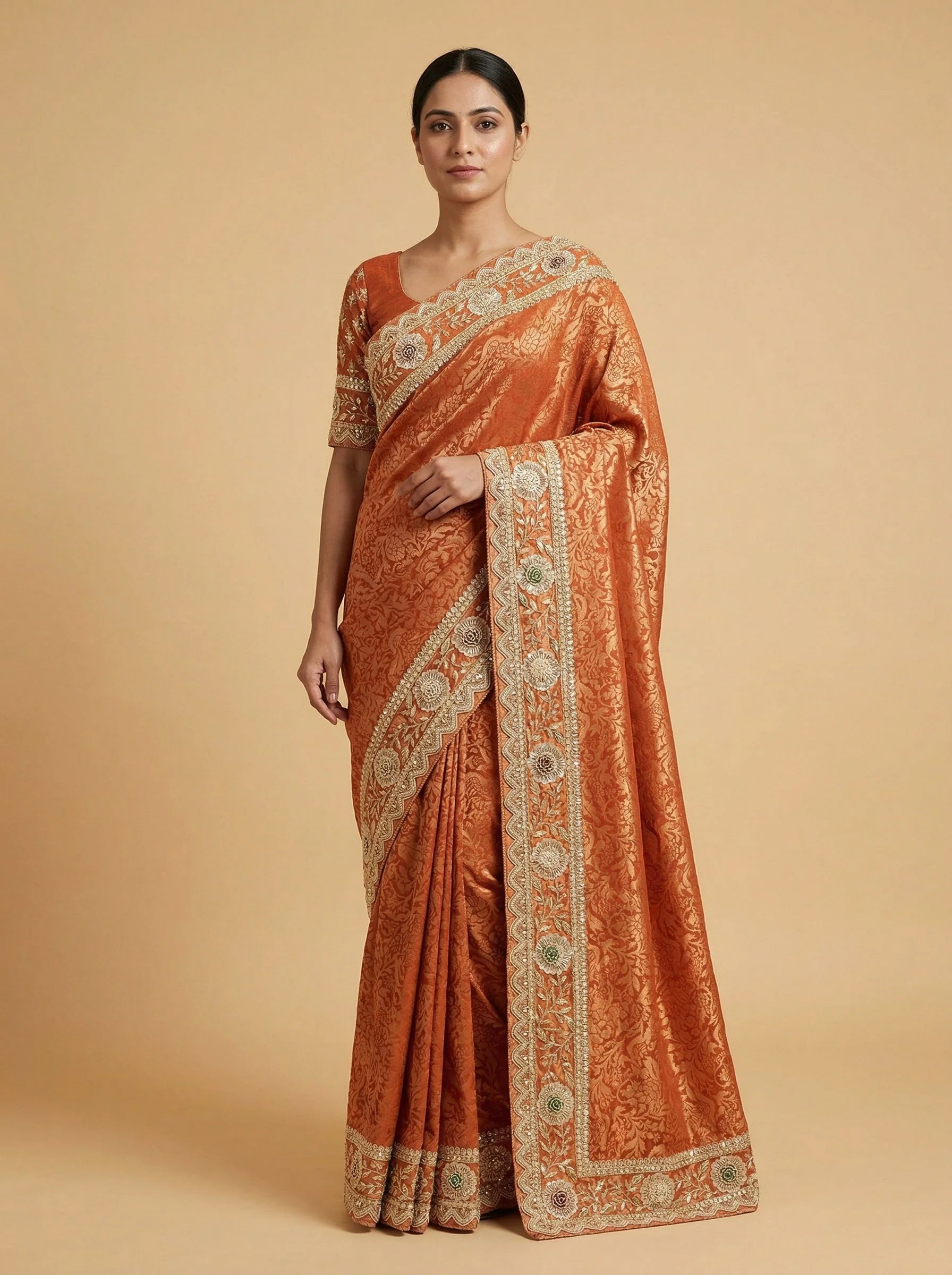 Orange Cheerful Embroidered Saree