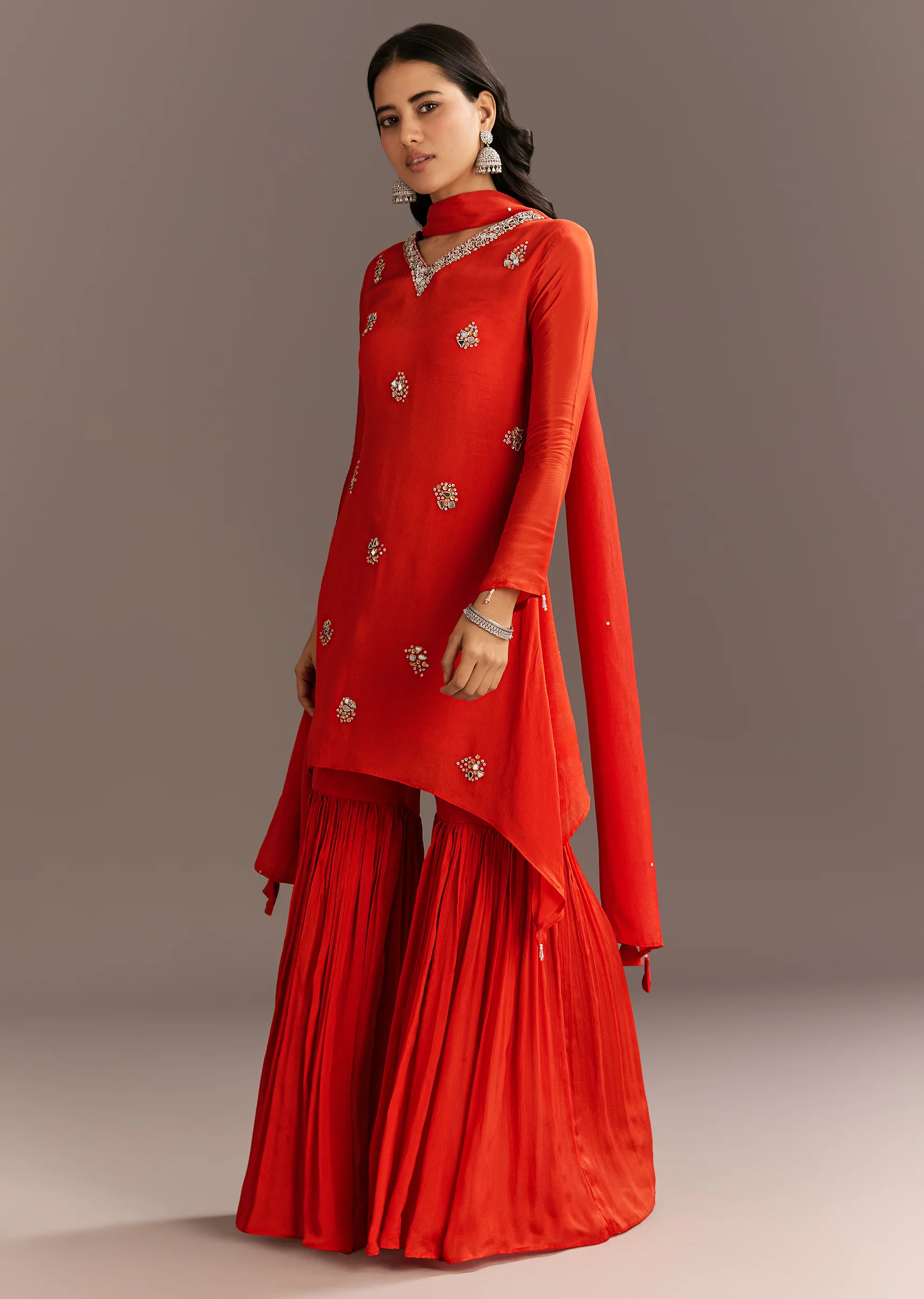 Orange Chinon Asymmetrical Cut Kurta Sharara With Dupatta - Image 3