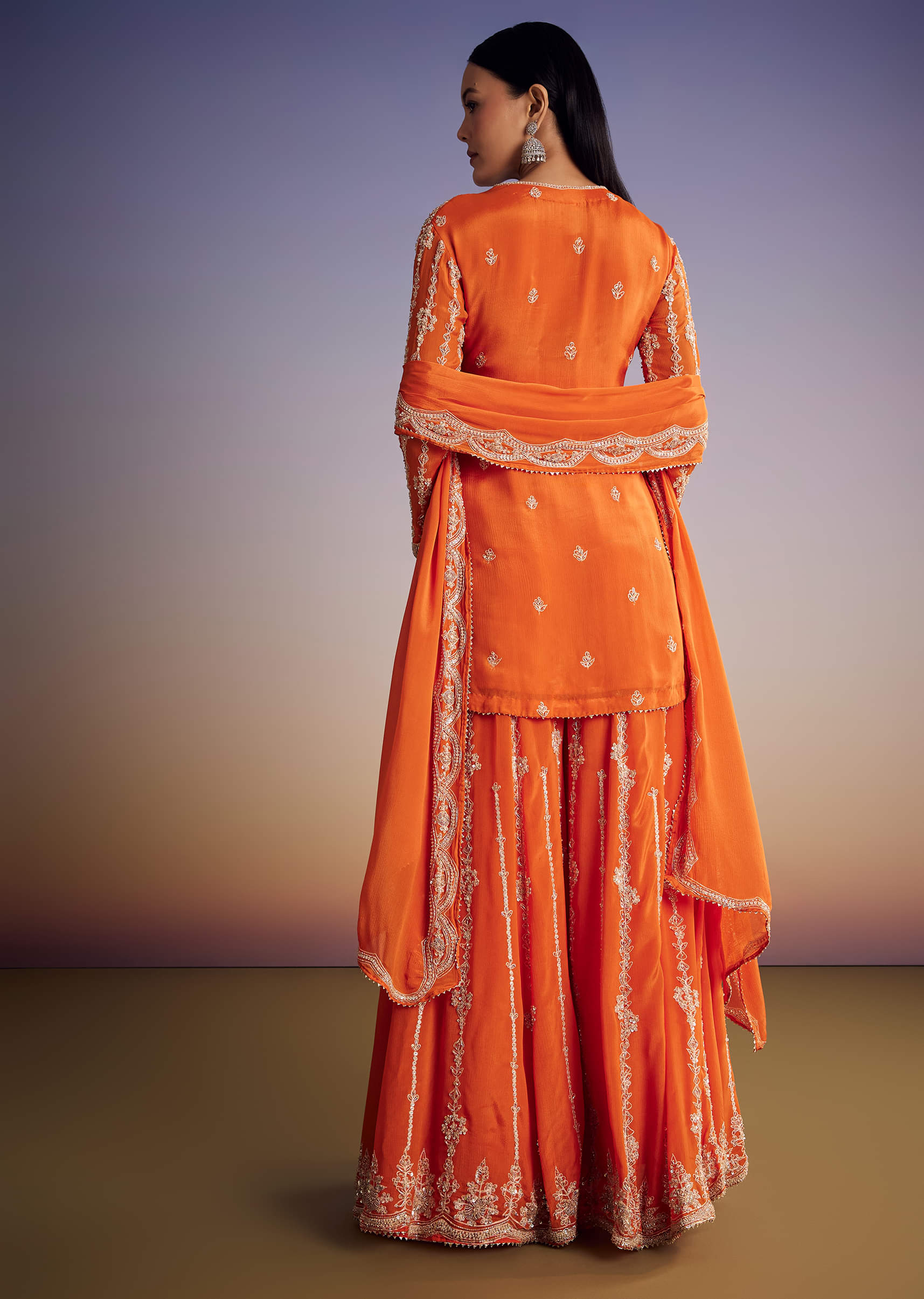 Orange Chinon Kurta Palazzo Set With Cutdana And Beads Work - Image 5