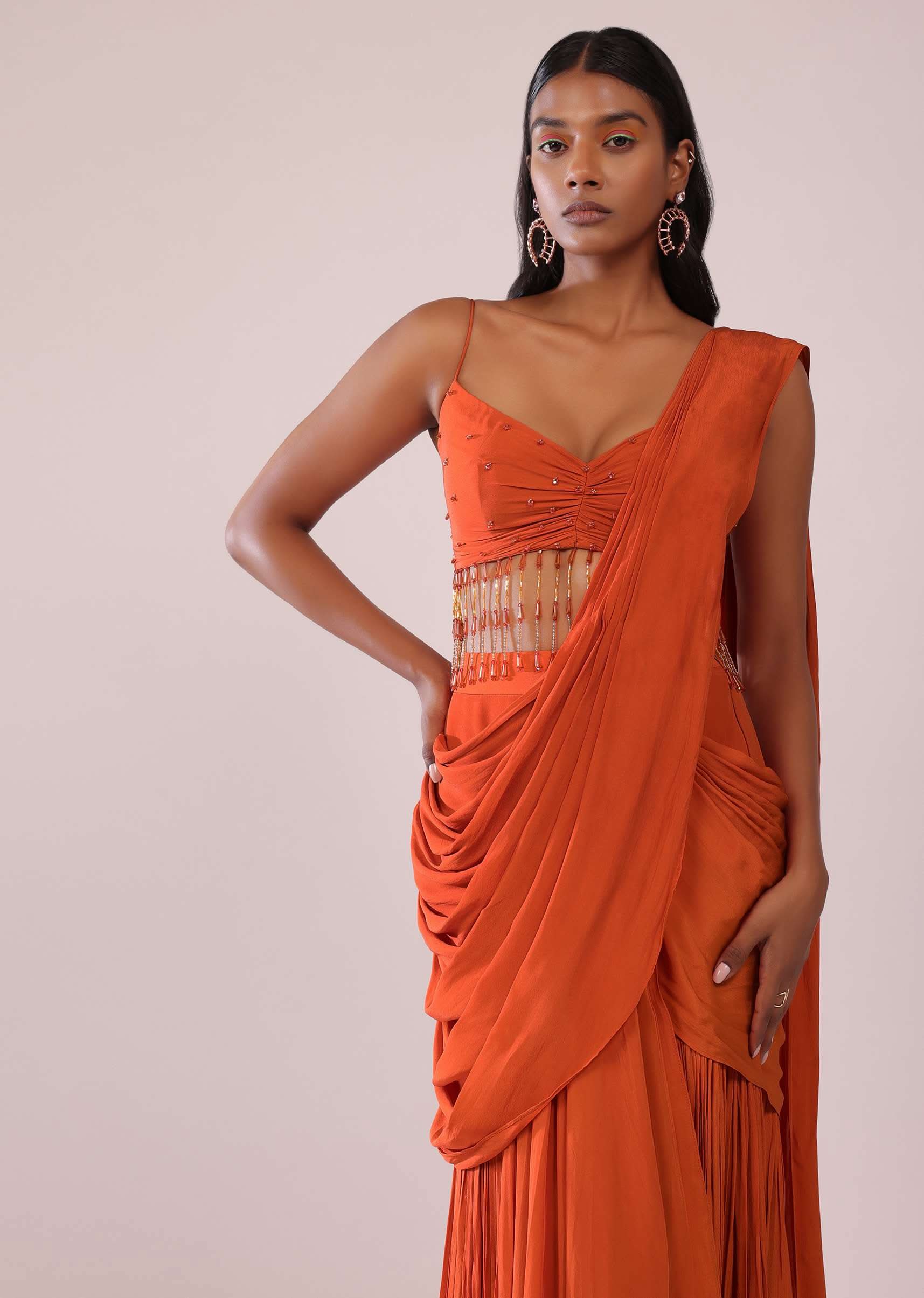 Orange Crepe Drape Saree And Blouse With Crystal Tassels All Over - Image 3
