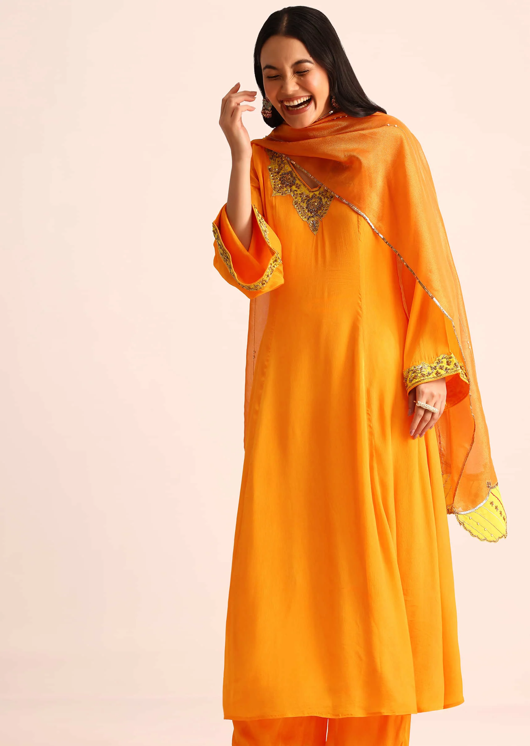 Orange Embroidered Chiffon Kurta Palazzo Set - Image 4