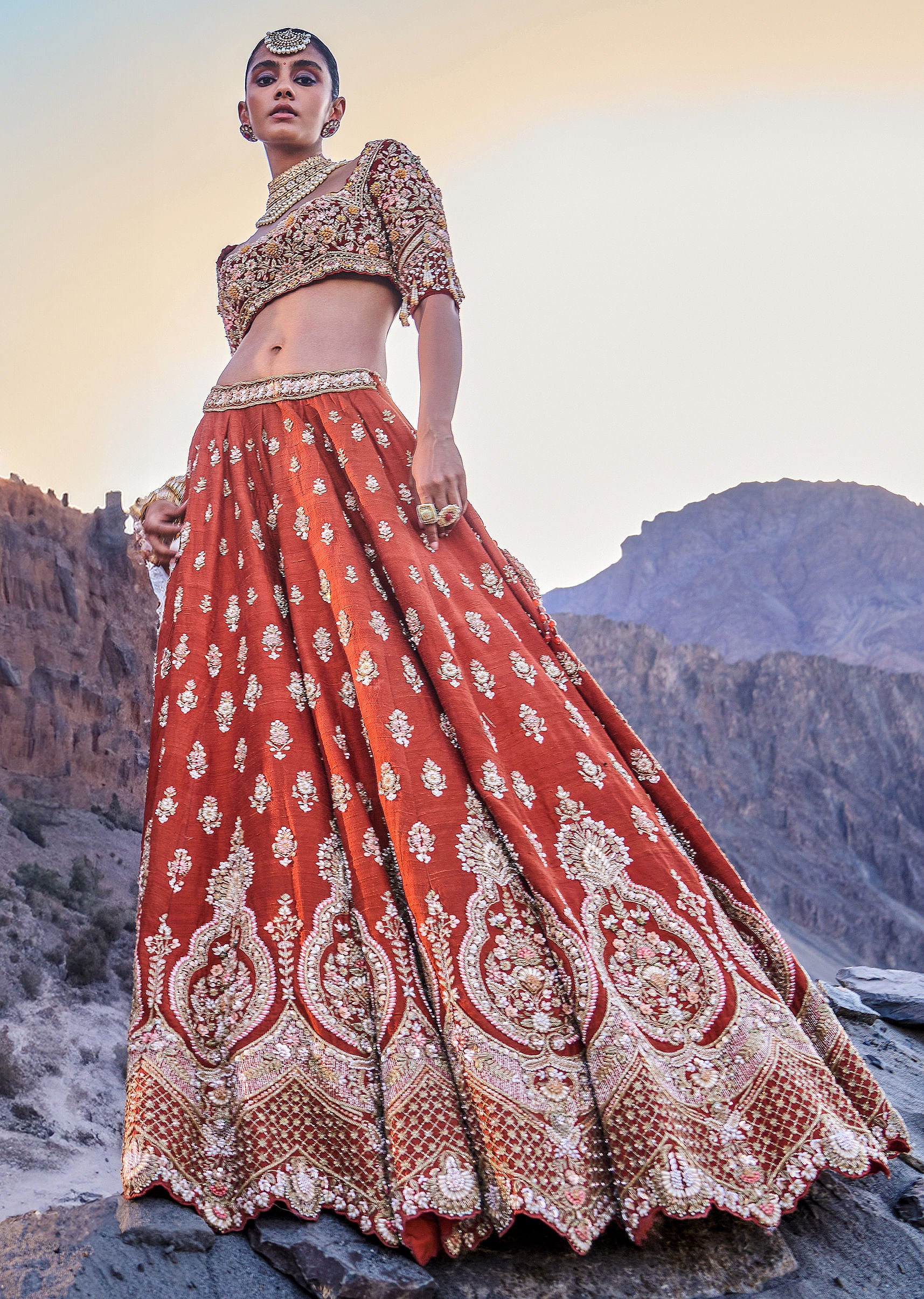 Orange Embroidered Silk Lehenga With Two Dupattas - Image 3