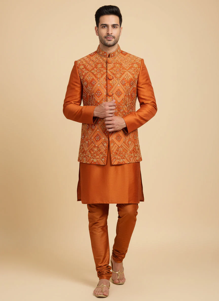 Orange Festive Jacket Kurta Set - Image 2