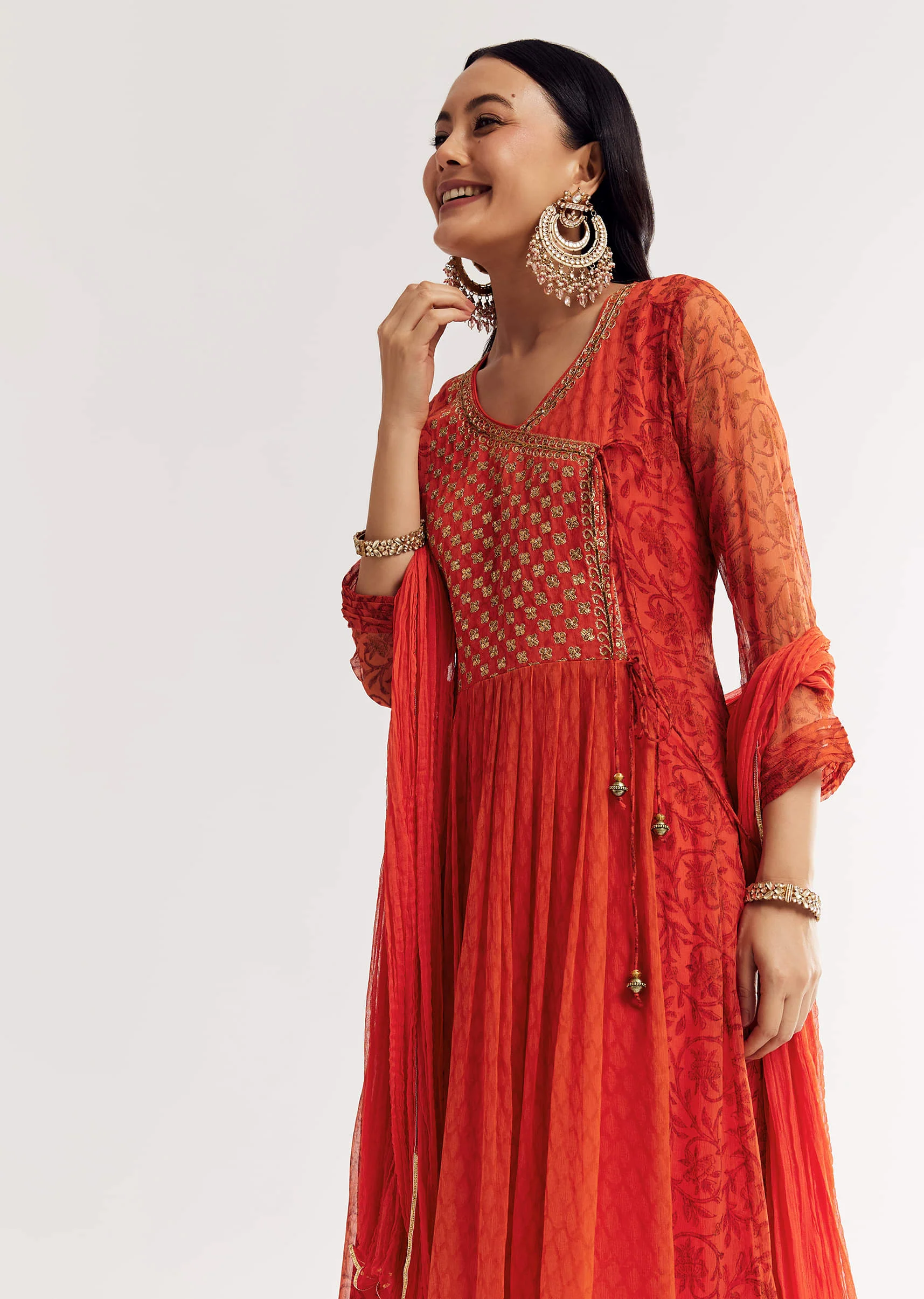 Orange Floral Chiffon Anarkali Kurta Set With Dupatta - Image 3