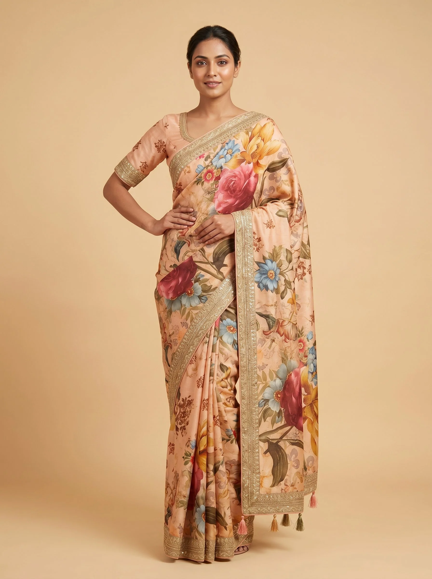 Orange Floral Printed Saree