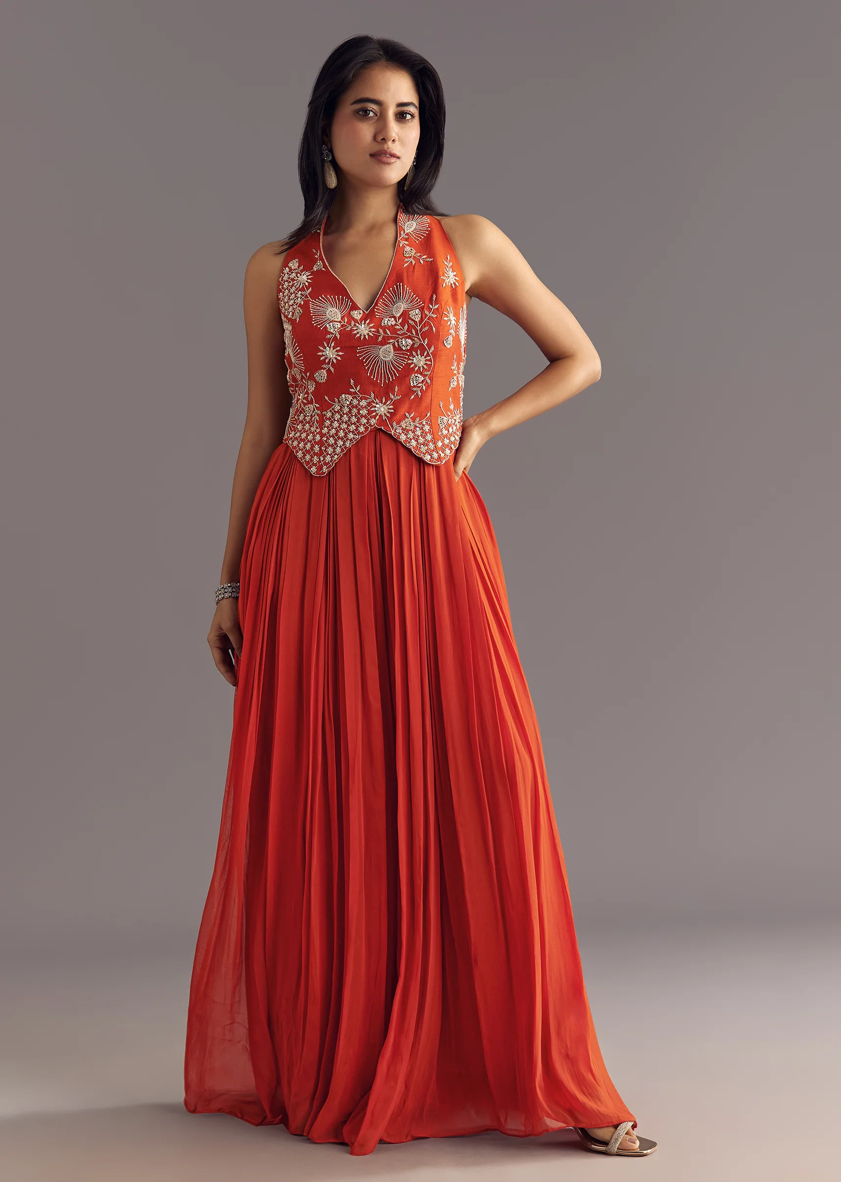 Orange Georgette Jumpsuit With Moti And Sequins Embroidery