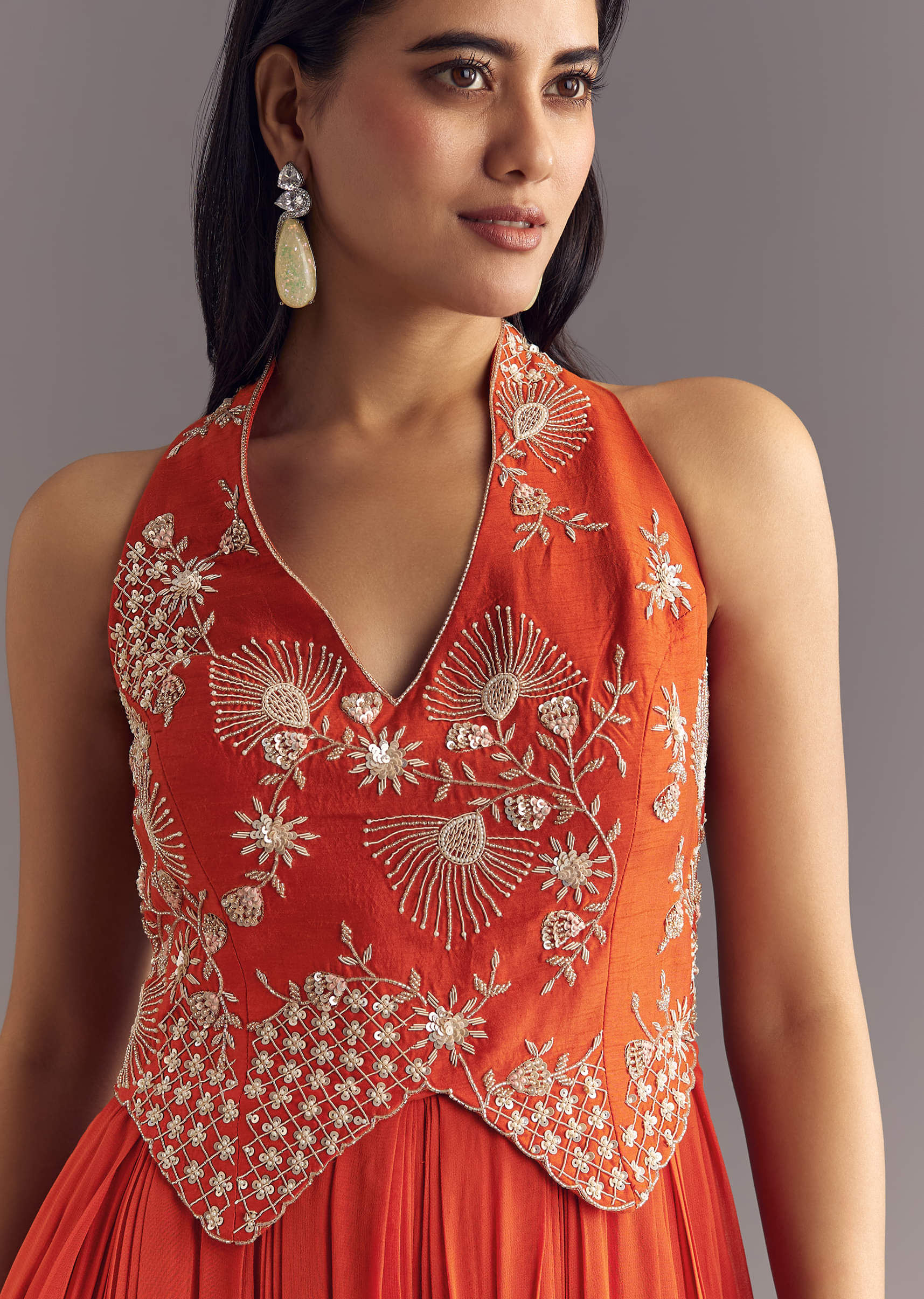 Orange Georgette Jumpsuit With Moti And Sequins Embroidery - Image 4