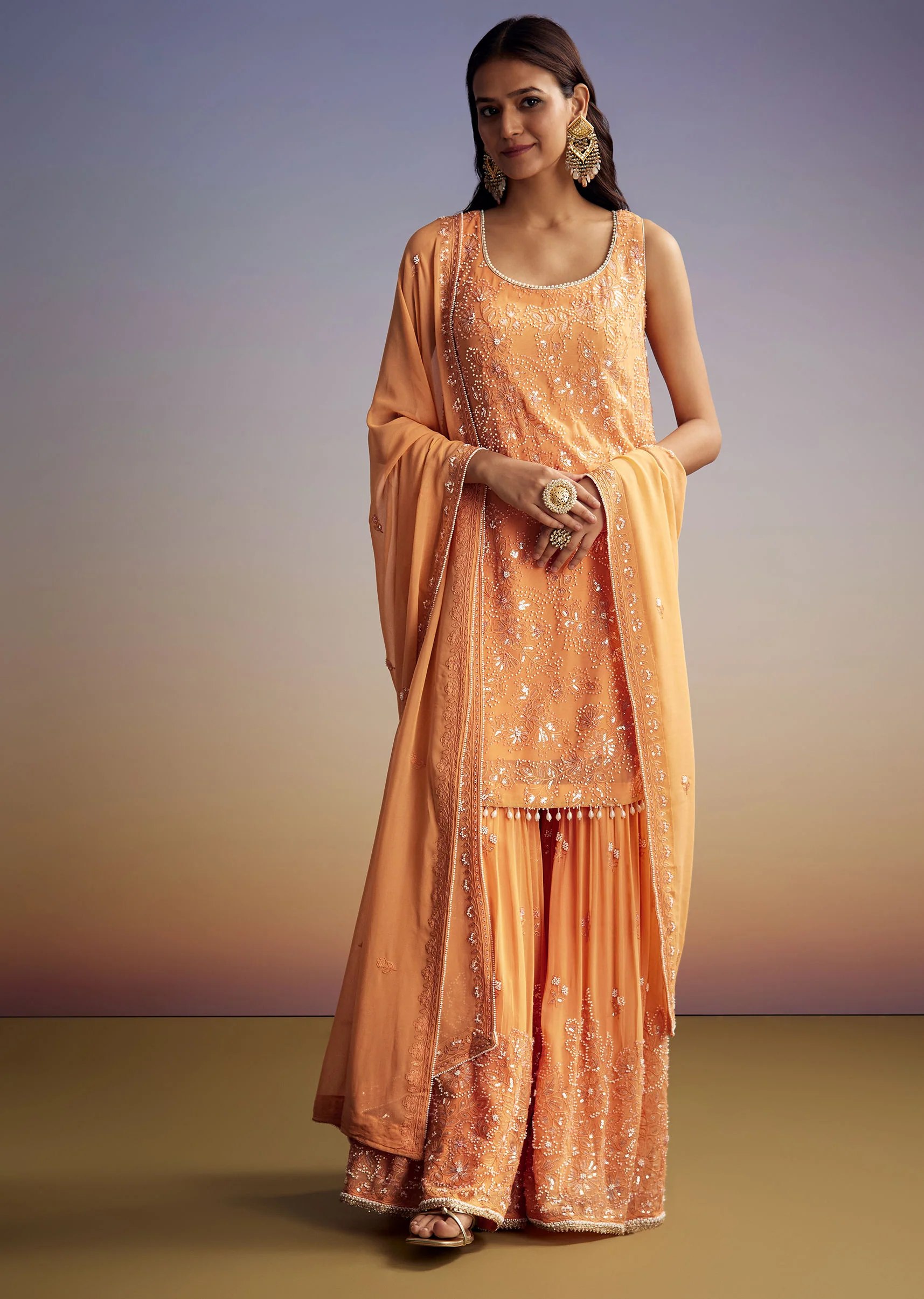 Orange Georgette Sharara Suit With Embroidered Kurta And Dupatta - Image 3