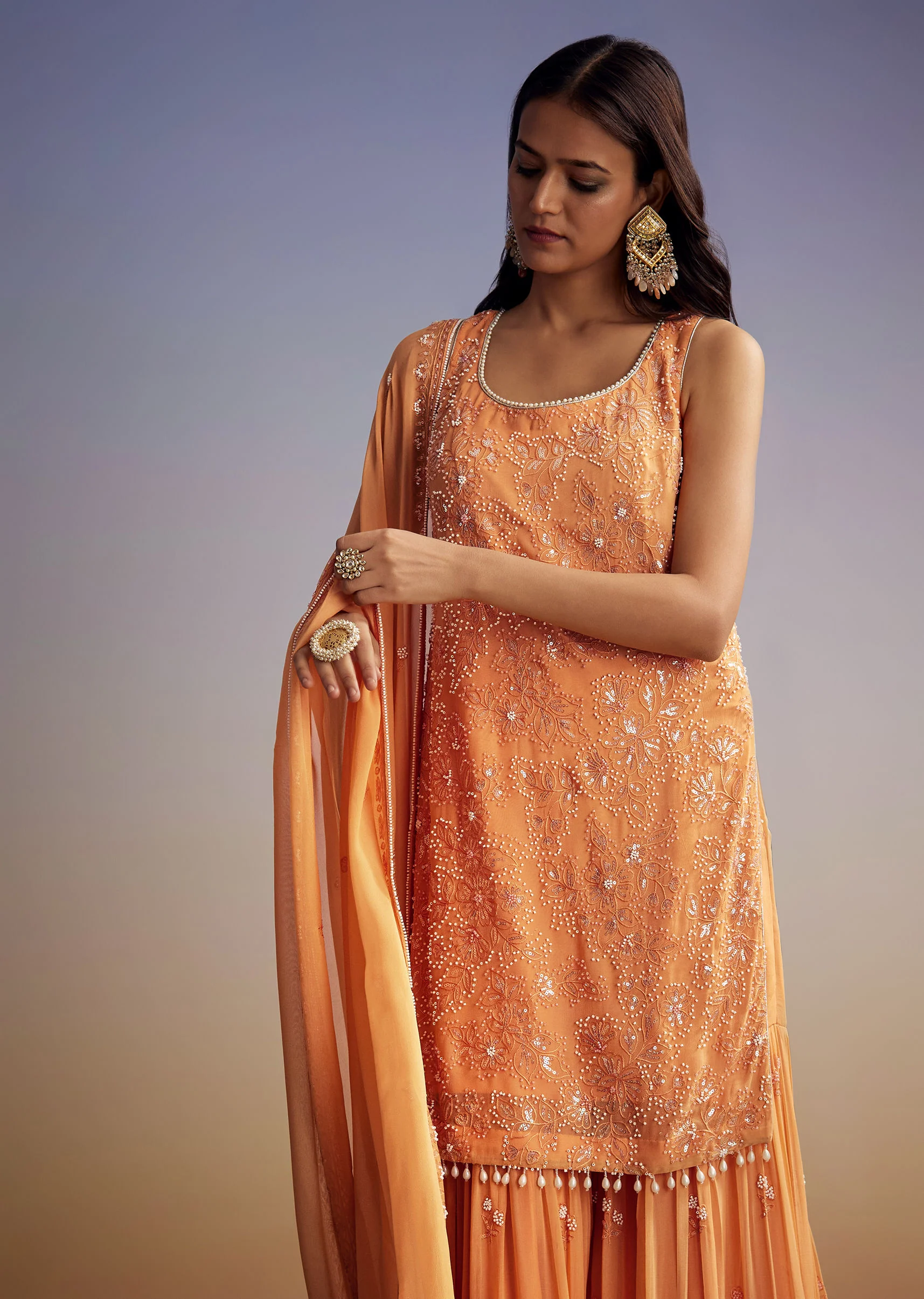 Orange Georgette Sharara Suit With Embroidered Kurta And Dupatta - Image 4