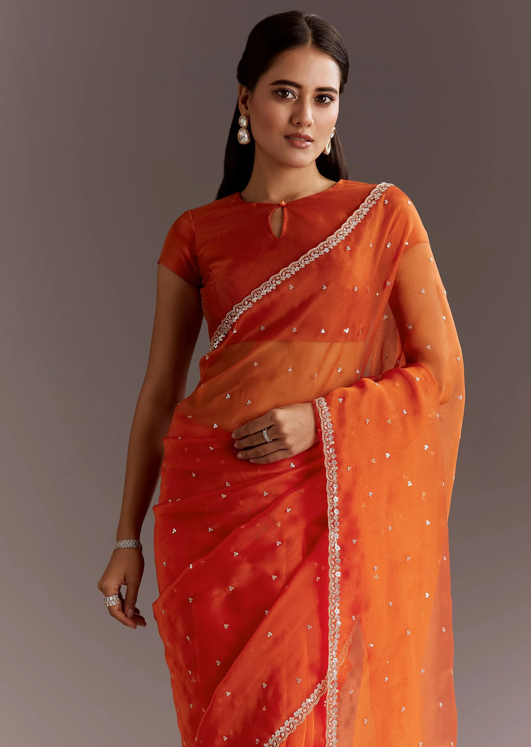 Orange Glass Tissue Saree With Cutdana And Sequins Scallop Border - Image 4