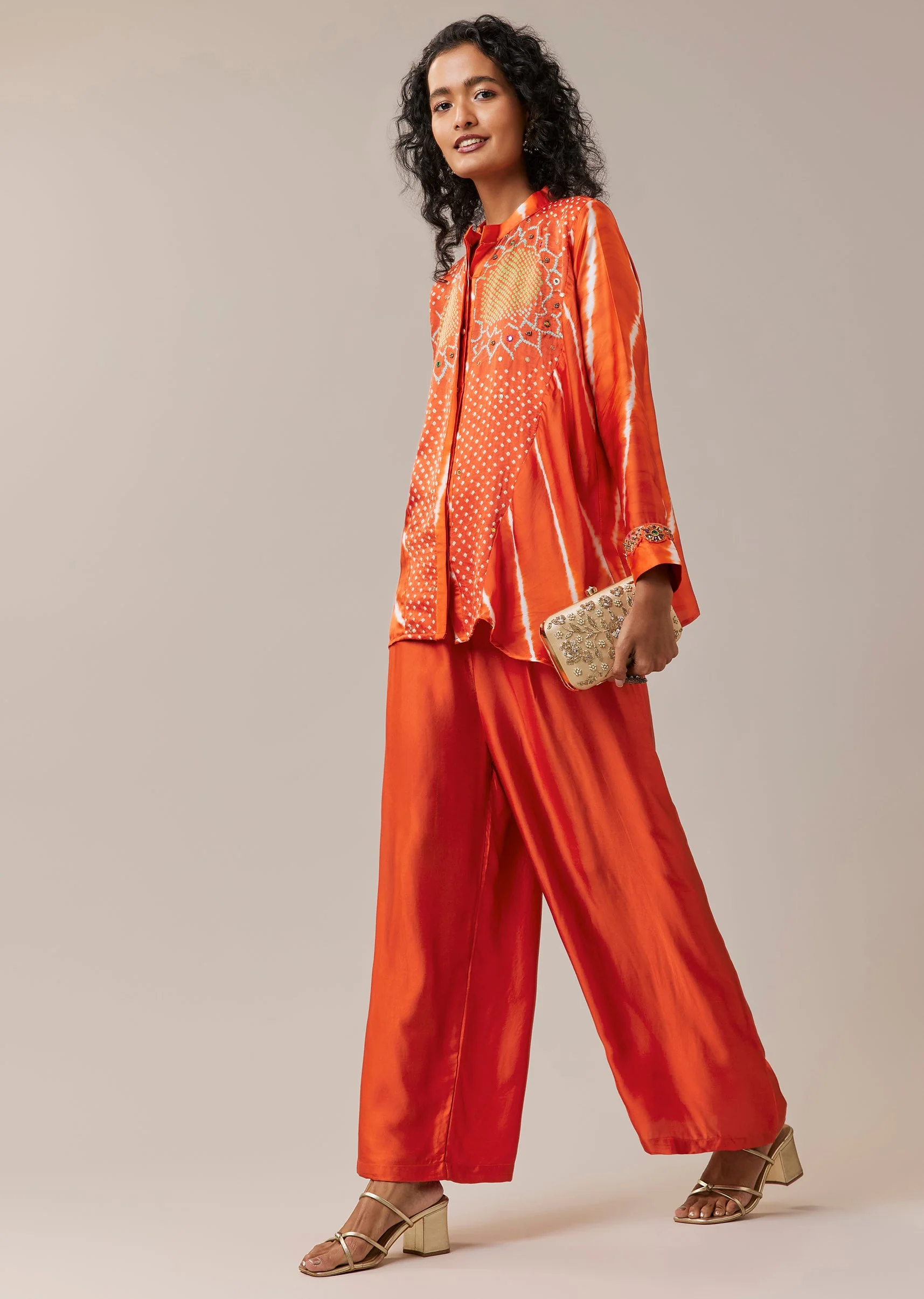 Orange Hand Dyed Bandhani and Leheriya Palazzo Set - Image 3