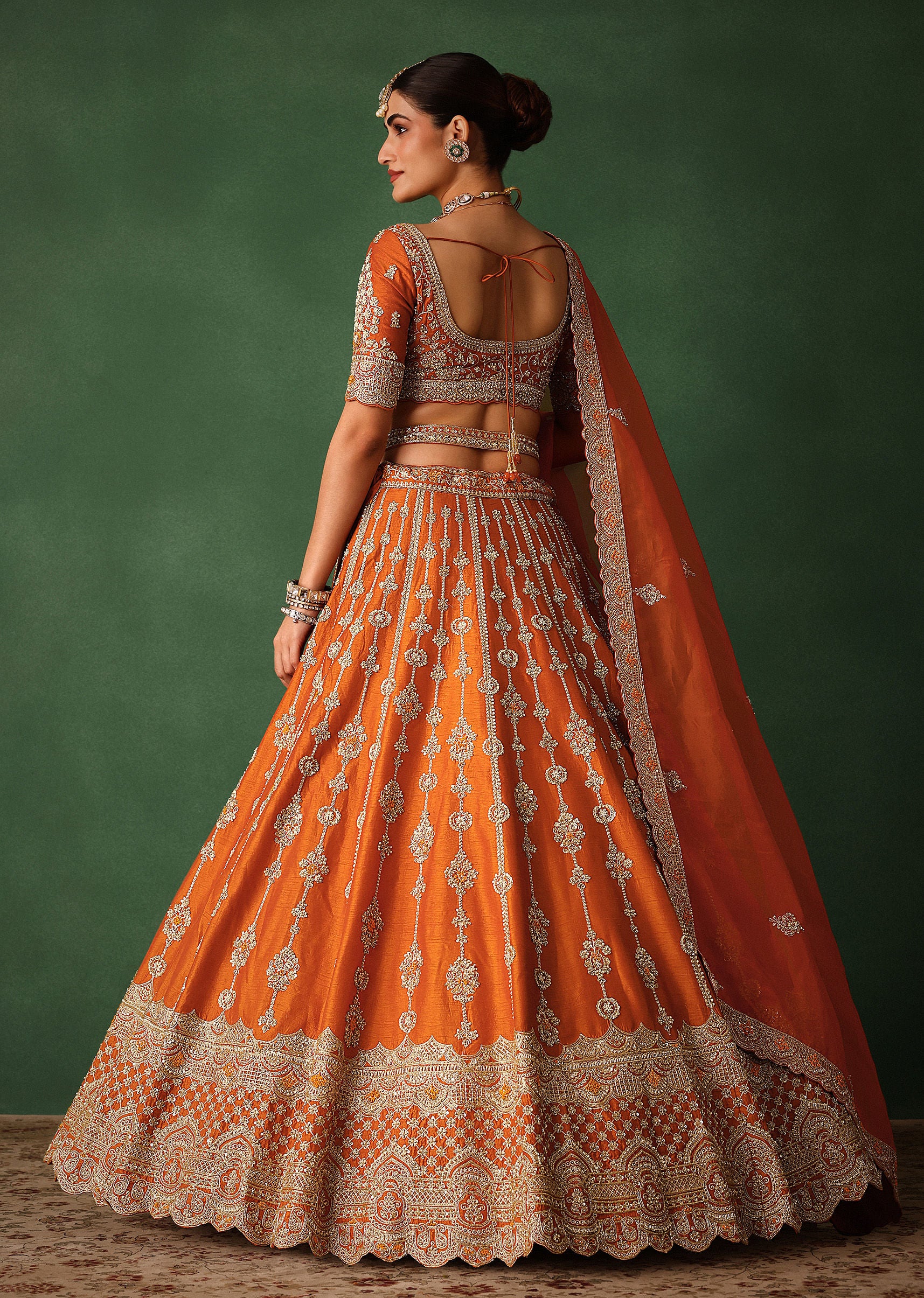Orange Lehenga Set In Raw Silk With Hand Embroidered Motifs - Image 6