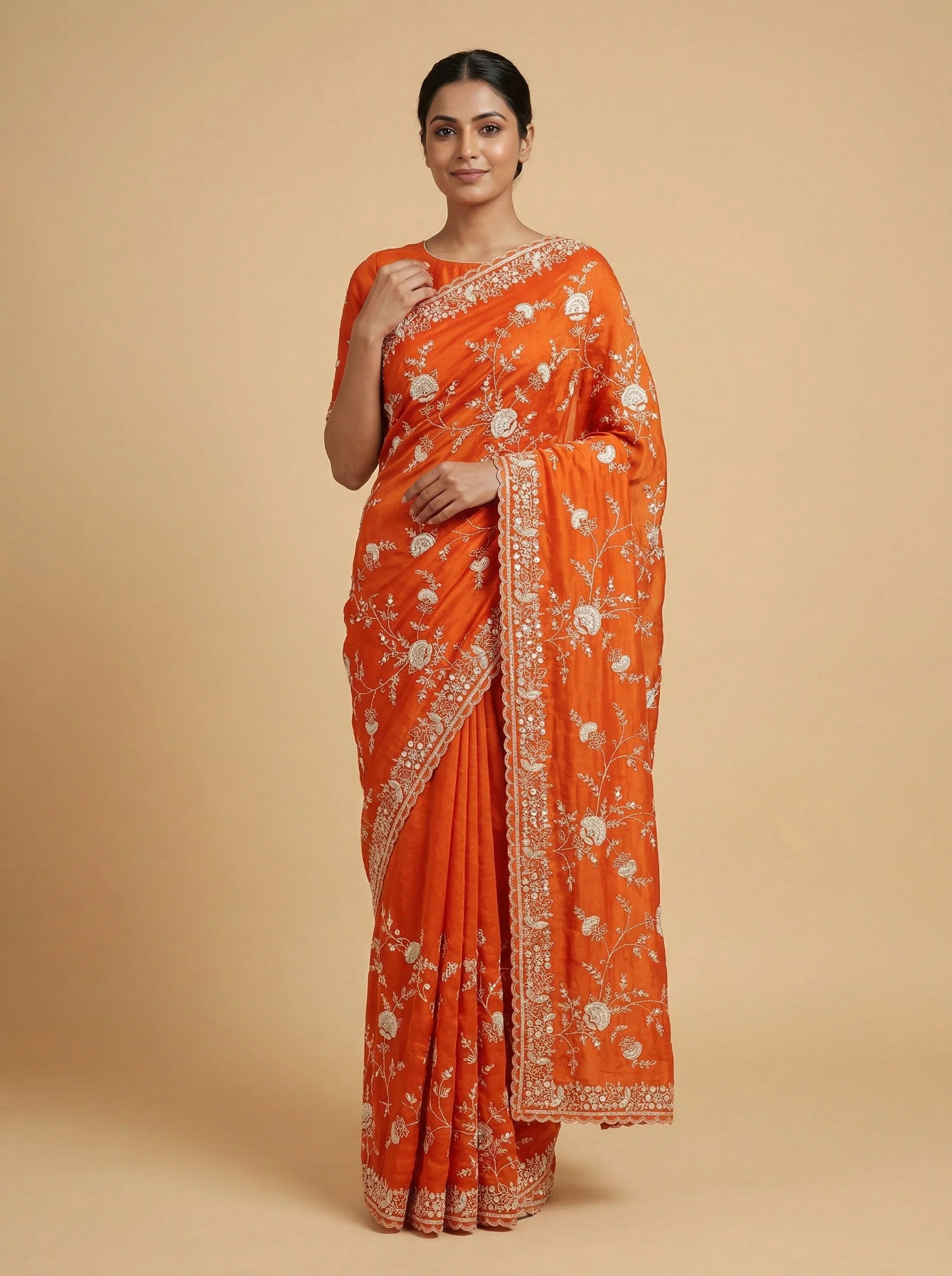 Orange Lifted Embroidered Saree
