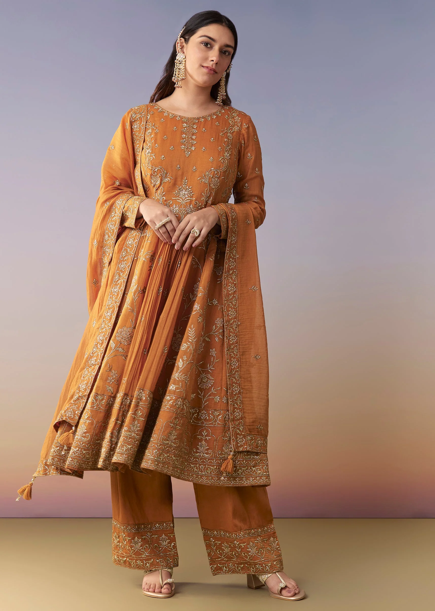 Orange Metallic Embroidered Anarkali Suit Set With Pant And Dupatta - Image 3