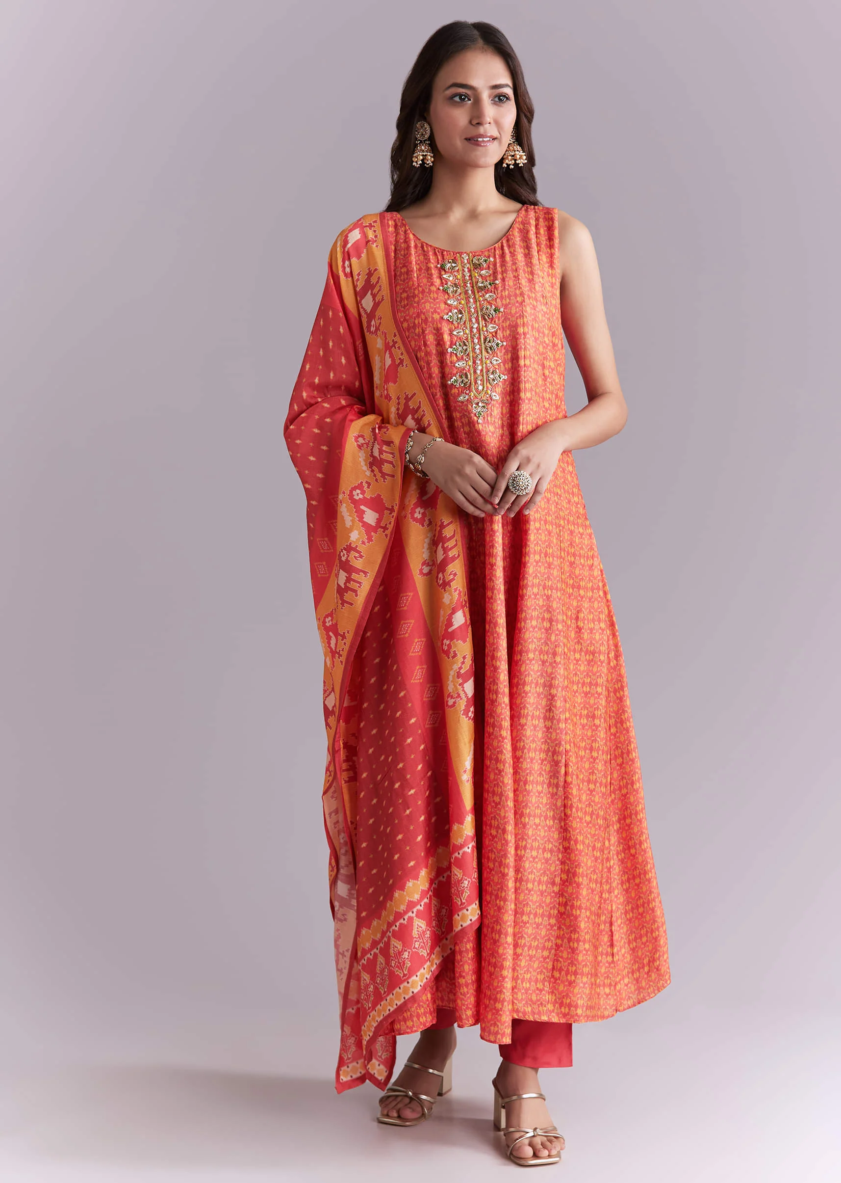 Orange Muslin Anarkali Suit With Indie Print - Image 3