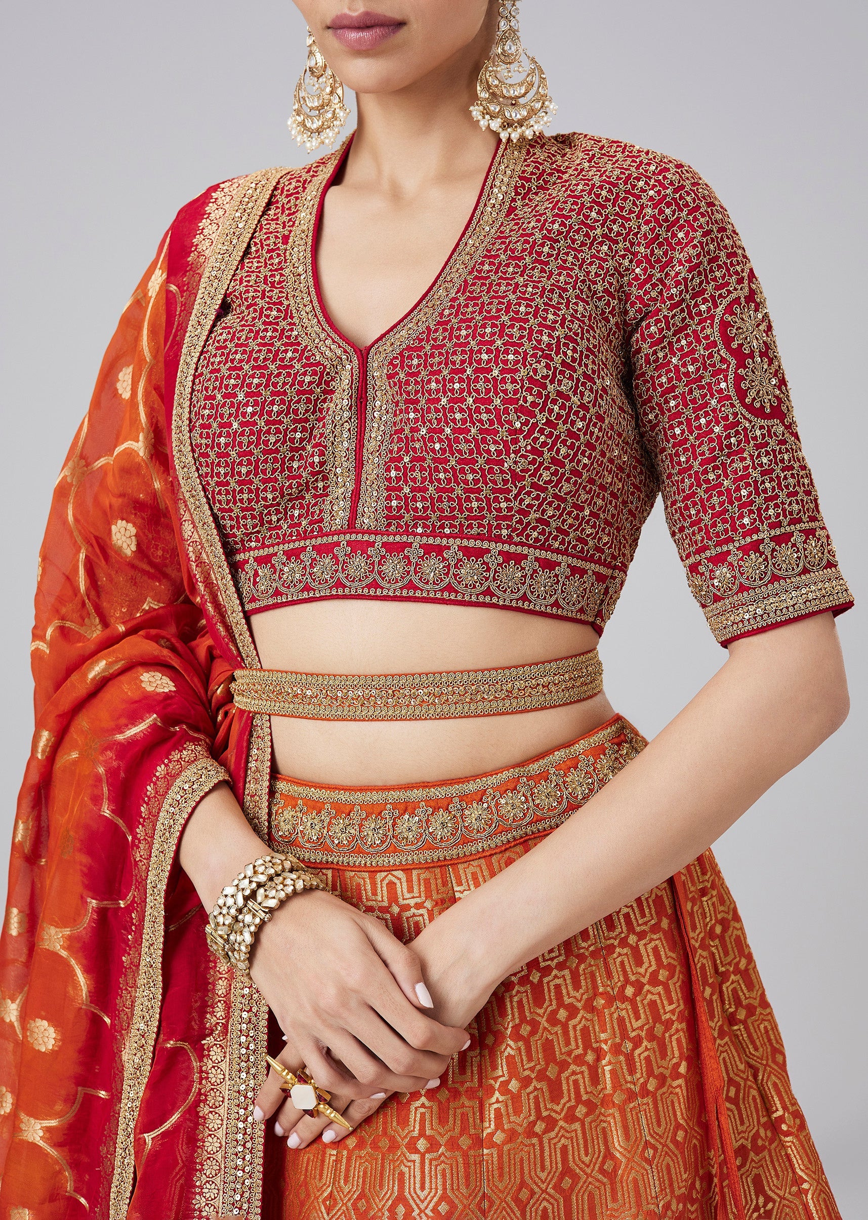 Orange Ombre Brocade Traditional Lehenga Set With Belt - Image 2