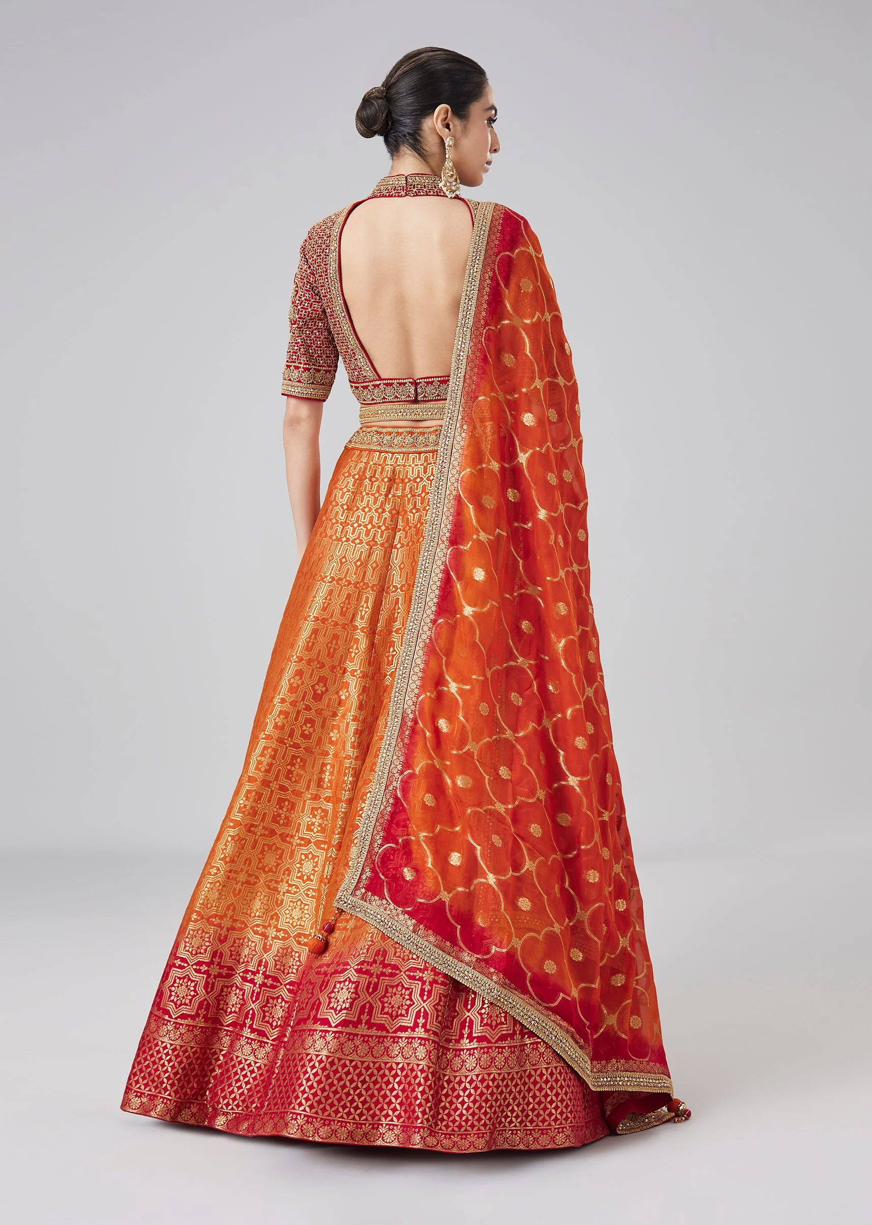 Orange Ombre Brocade Traditional Lehenga Set With Belt - Image 6