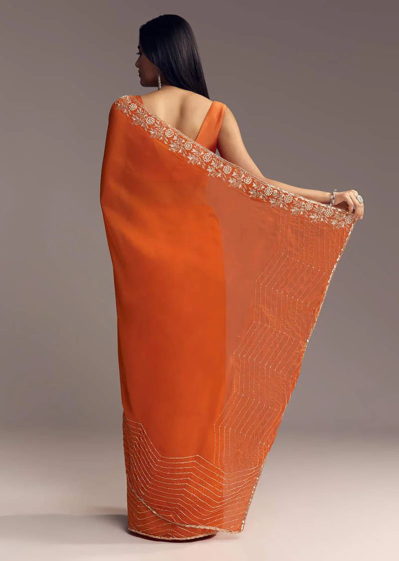 Orange Organza Saree With Zigzag Sequins And Cut Dana Embroidery - Image 4