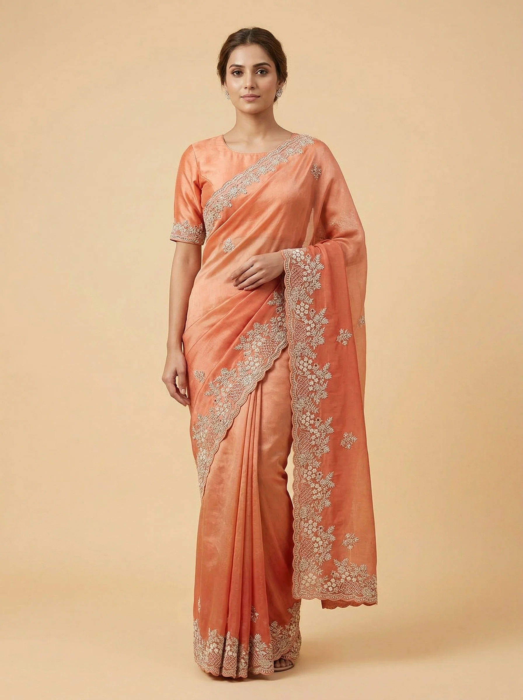 Orange Peach Ombre Embroidered Saree