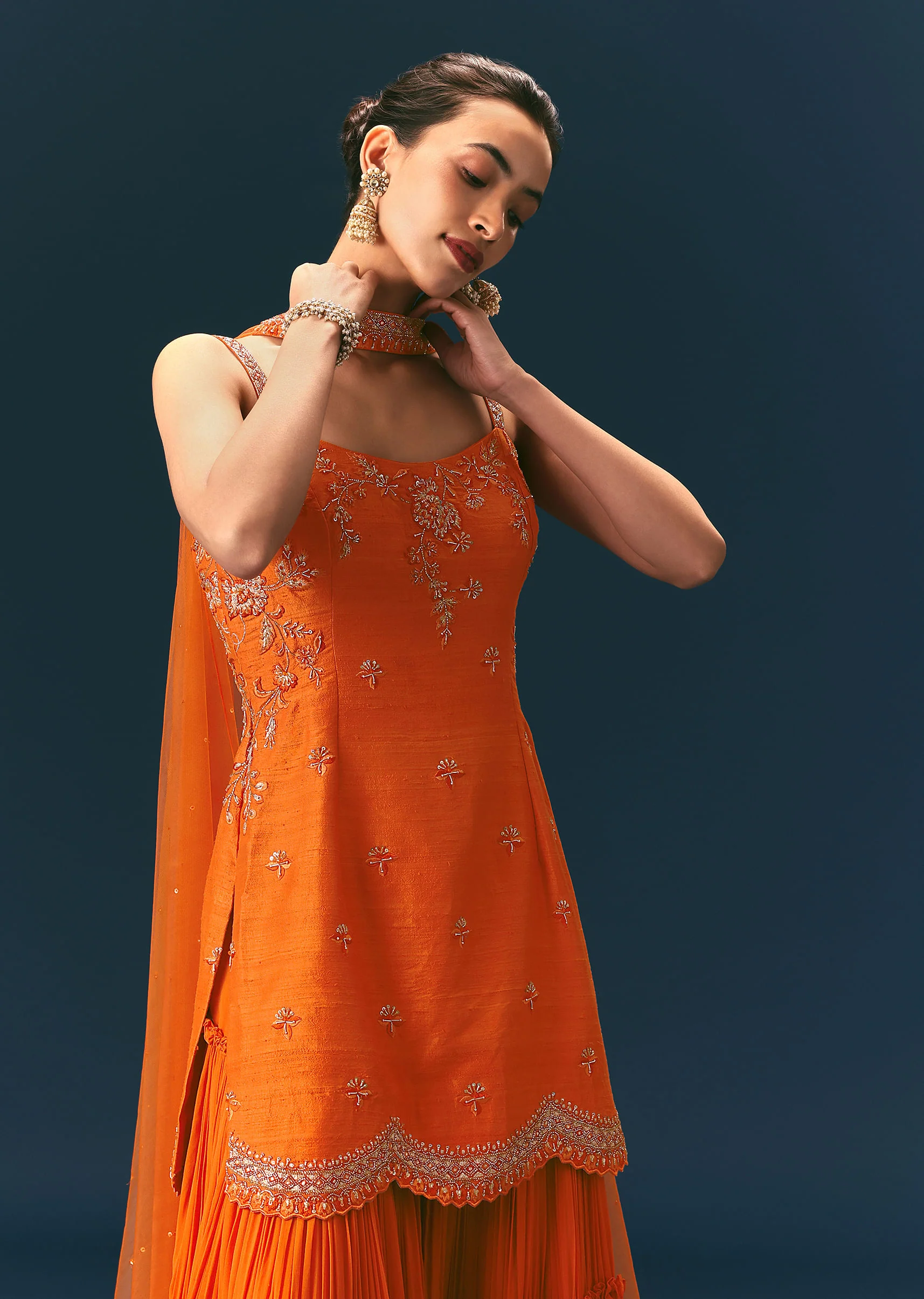 Orange Raw Silk Hand Work Kurti Sharara With Choker Dupatta - Image 4