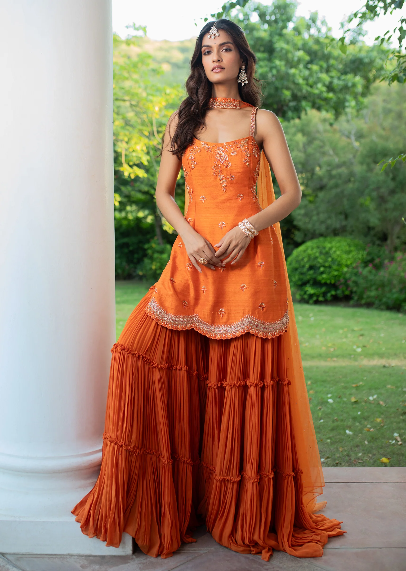 Orange Raw Silk Hand Work Kurti Sharara With Choker Dupatta - Image 6