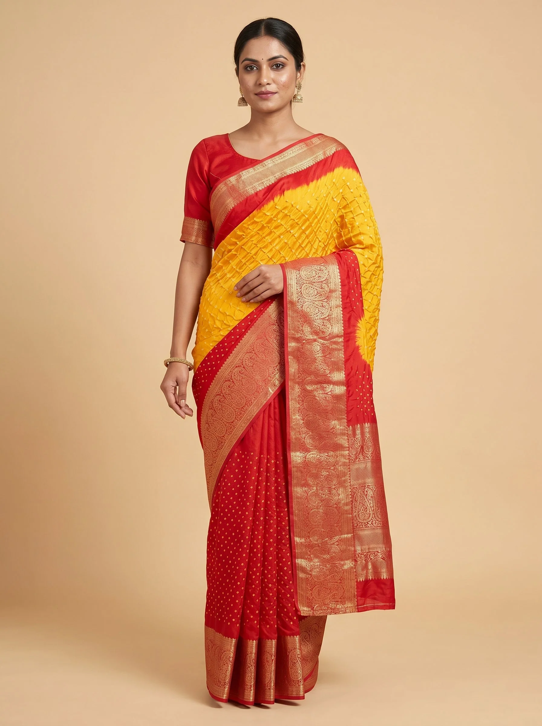 Orange Red Fusion Bandhani Saree