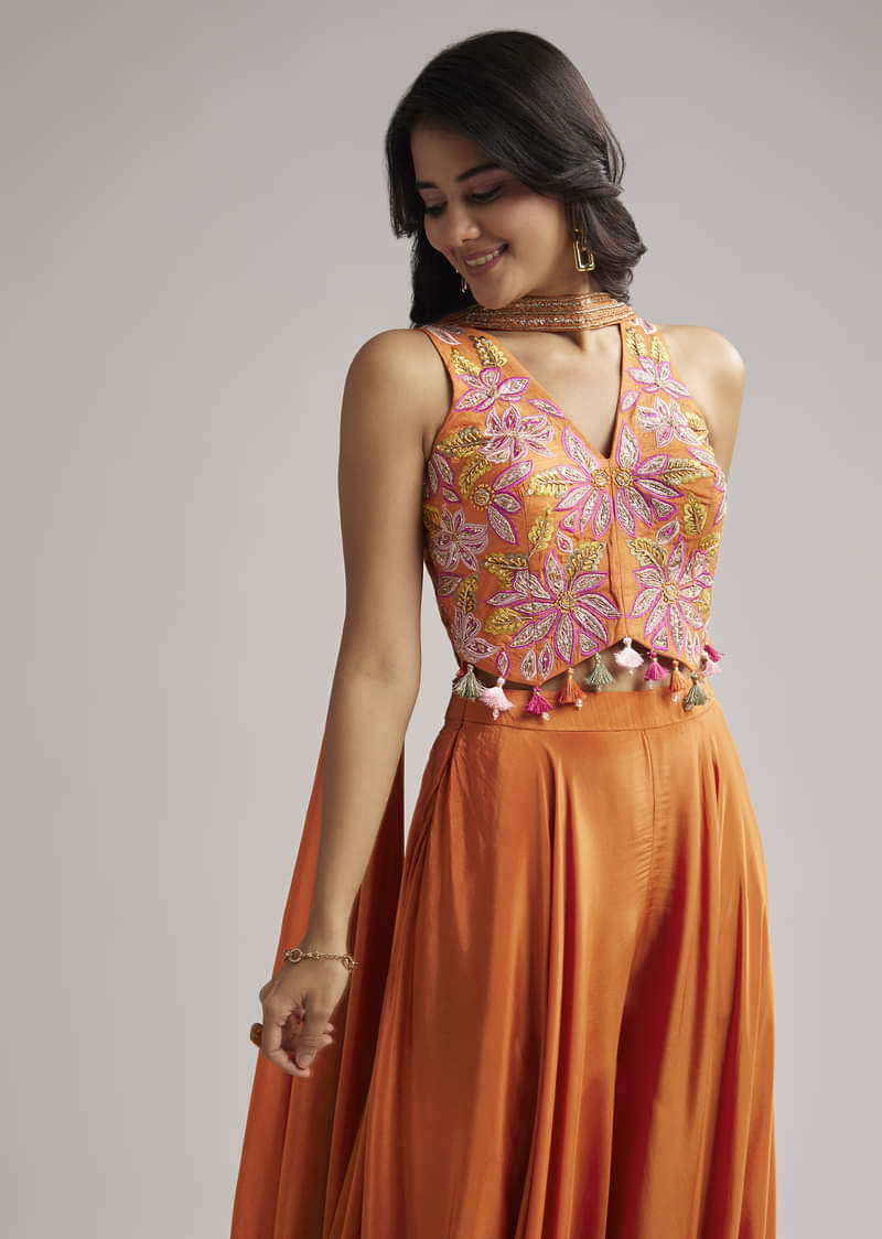 Orange Resham Crop Top Palazzo Set With Dupatta - Image 3