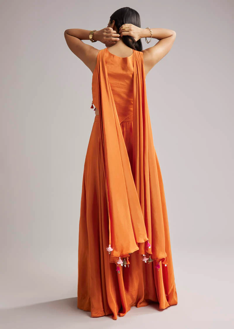 Orange Resham Crop Top Palazzo Set With Dupatta - Image 6