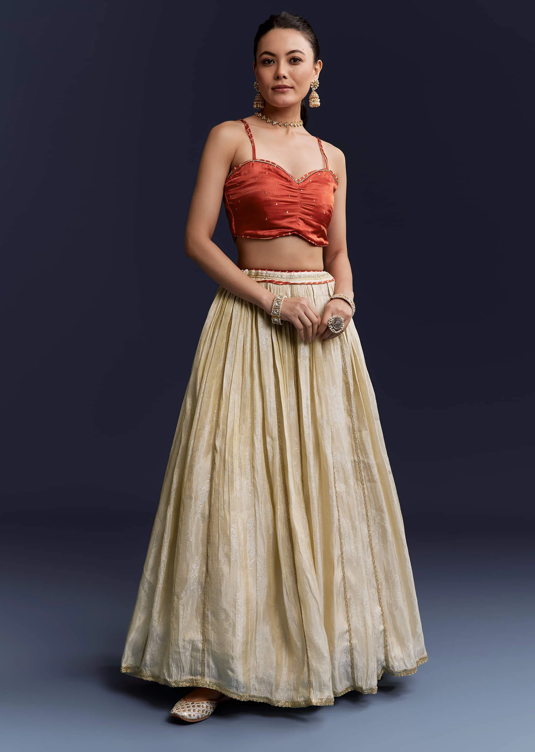 Orange Satin Festive Lehenga With Hand Dyed Chevron Print Jacket - Image 6