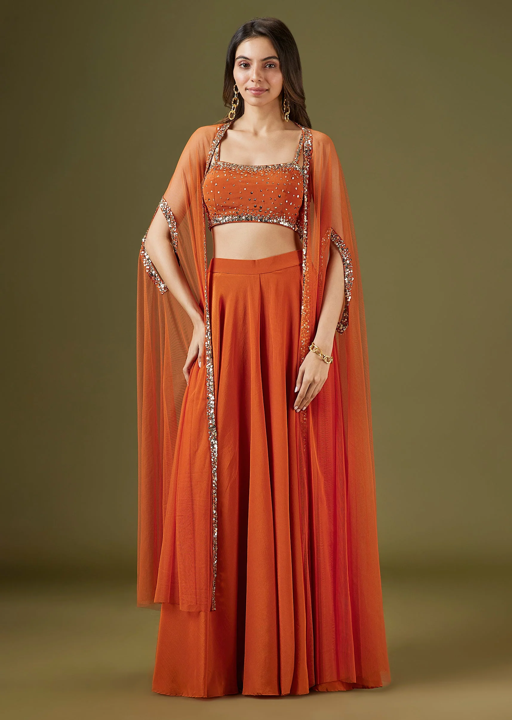 Orange Sequinned Cape Palazzo Set