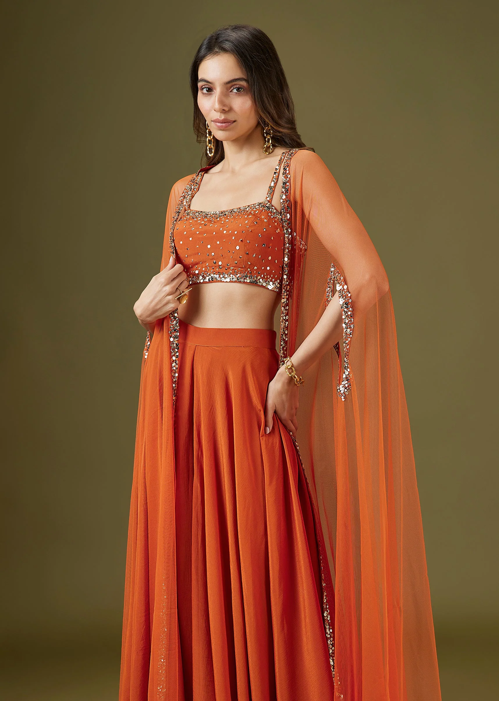 Orange Sequinned Cape Palazzo Set - Image 4