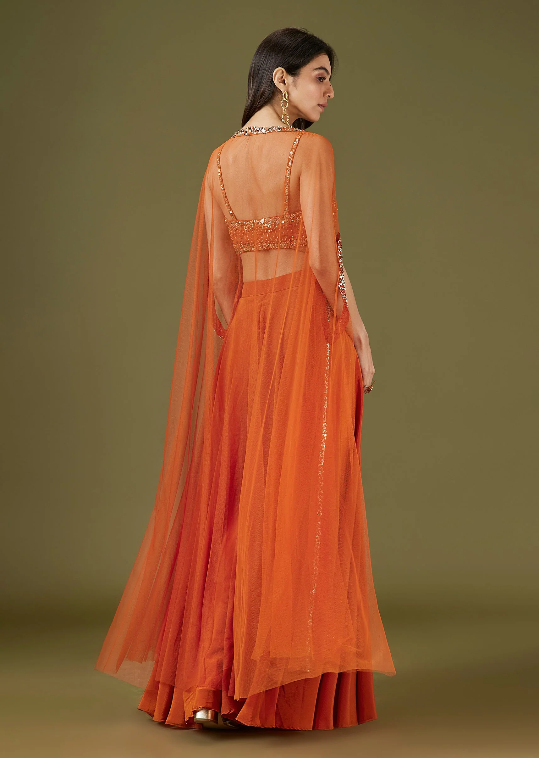Orange Sequinned Cape Palazzo Set - Image 5