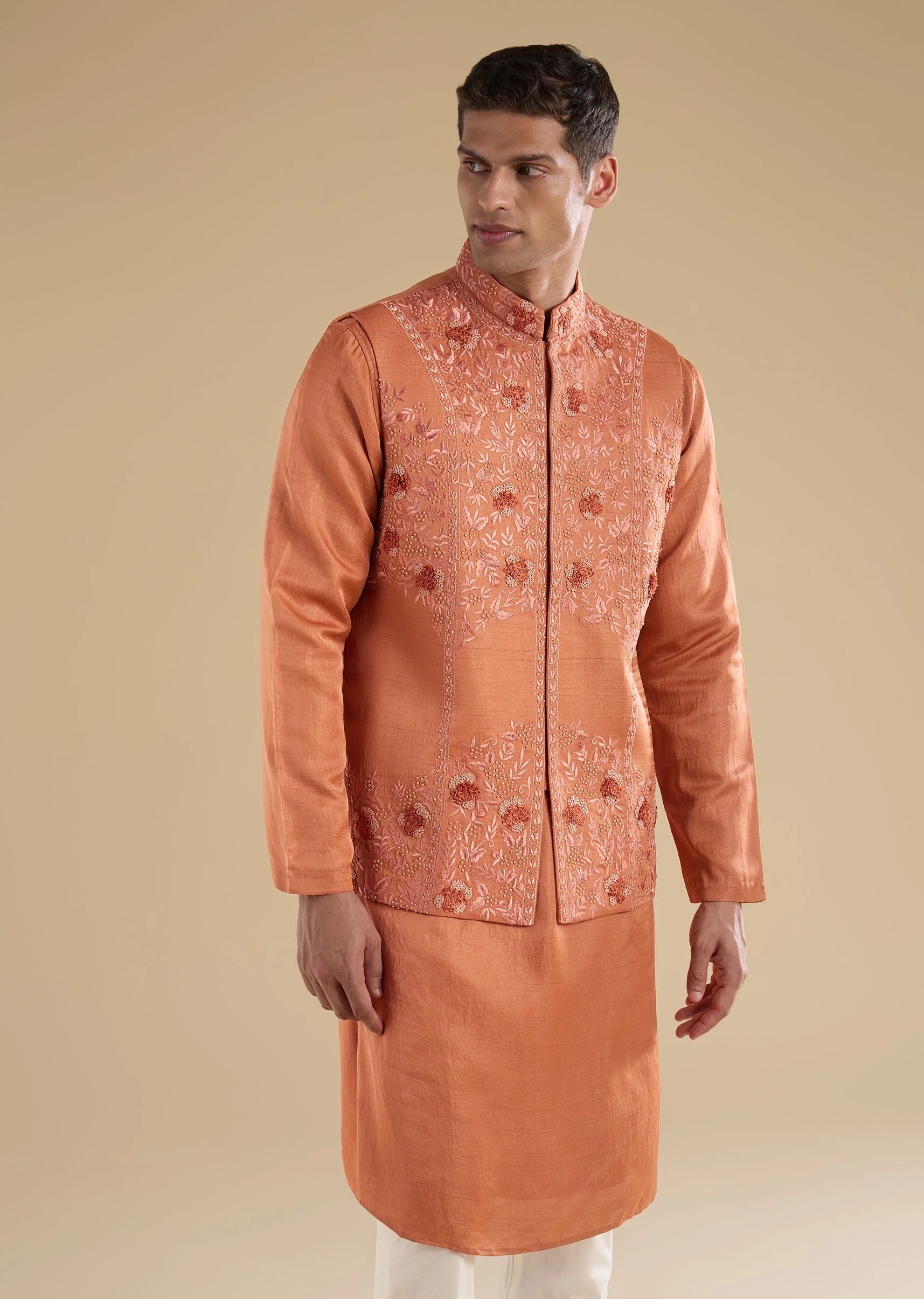 Orange Silk Kurta Jacket Set With French Knot Hand Embroidery - Image 4