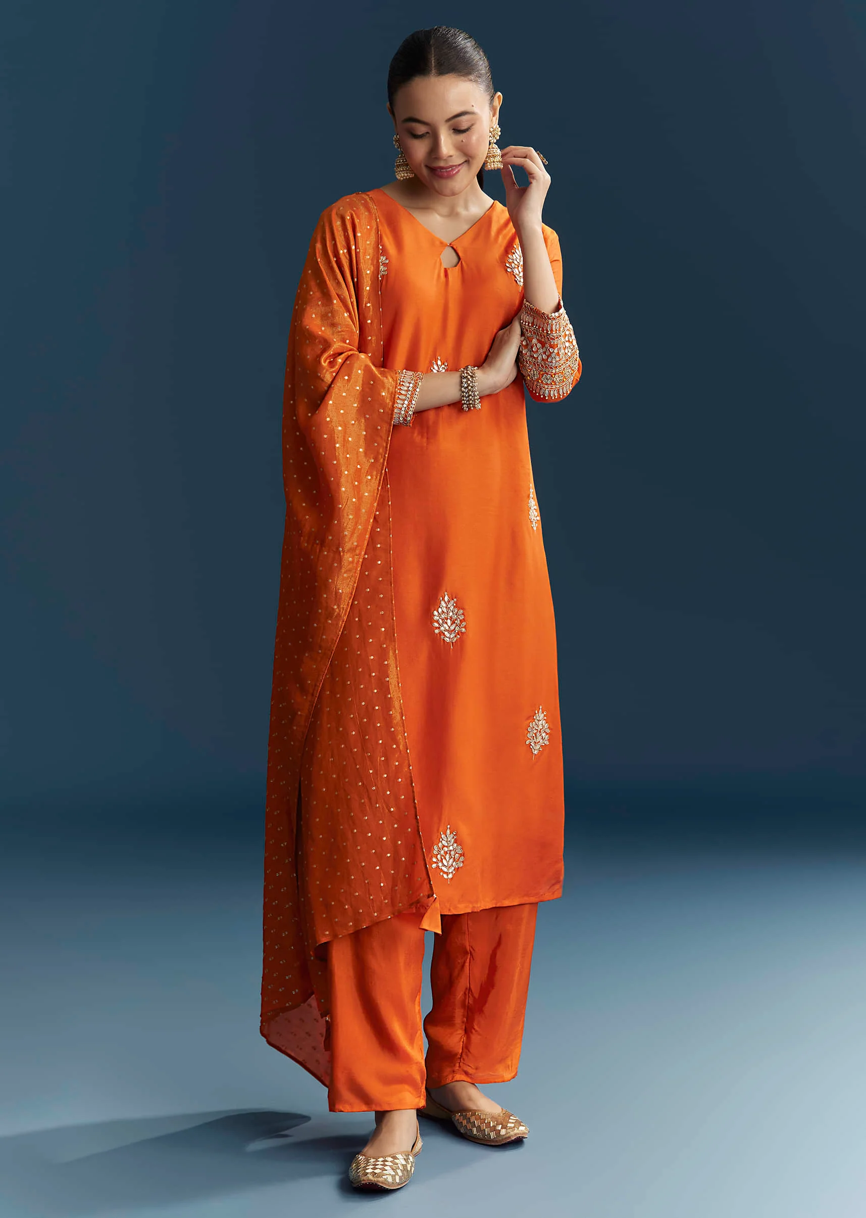 Orange Silk Kurta Set With Gotta Work - Image 3