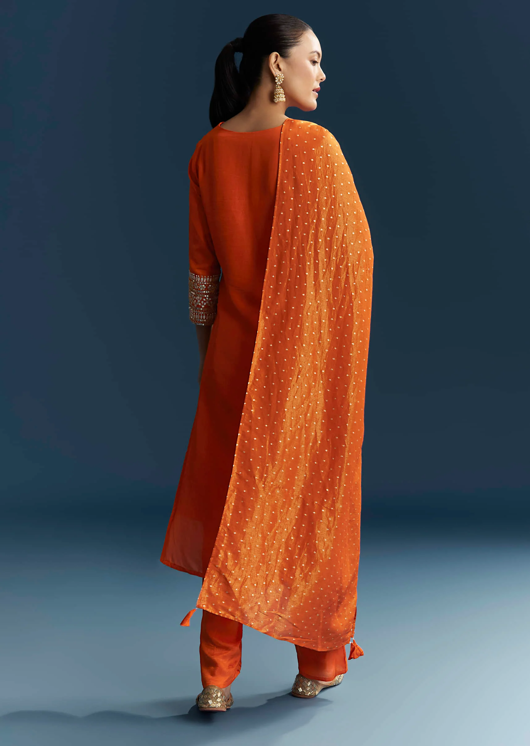 Orange Silk Kurta Set With Gotta Work - Image 5