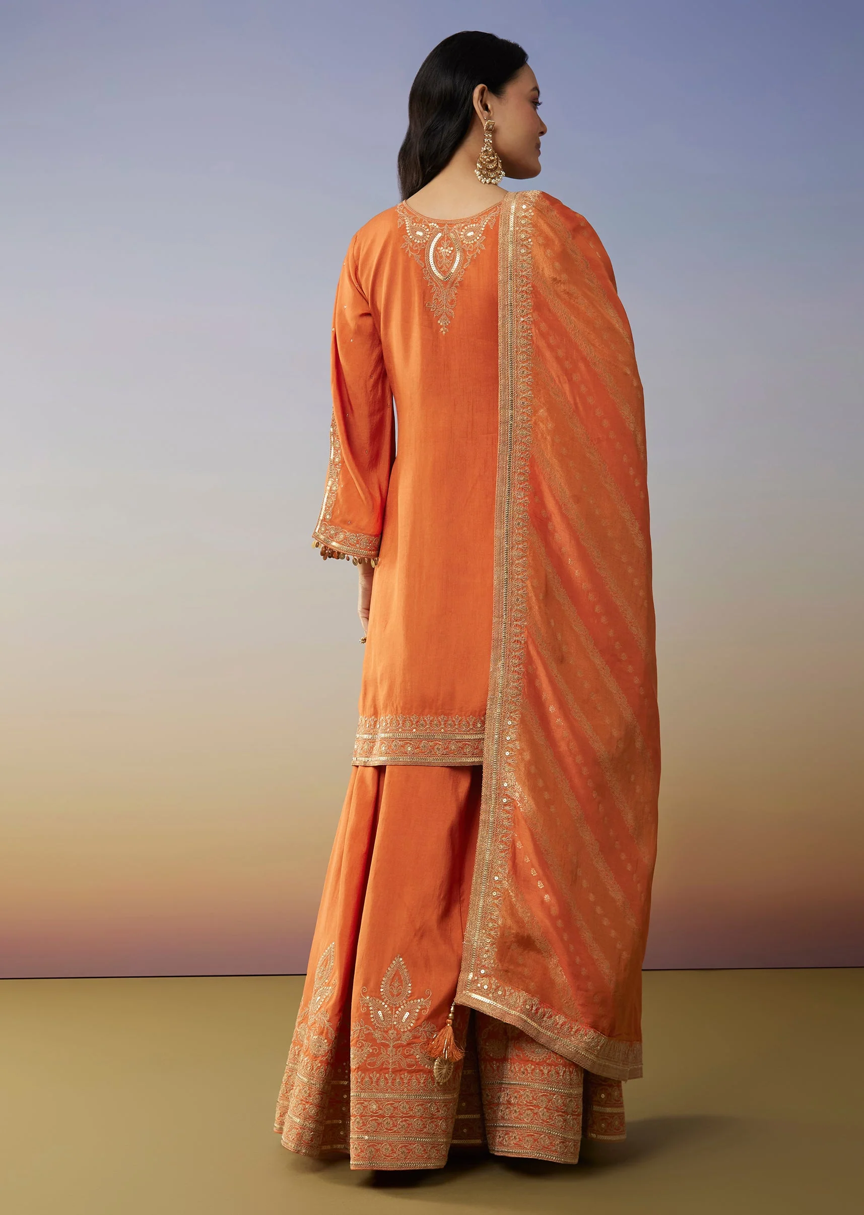 Orange Silk Palazzo Suits with Zari Work and Embroidery Detail - Image 5