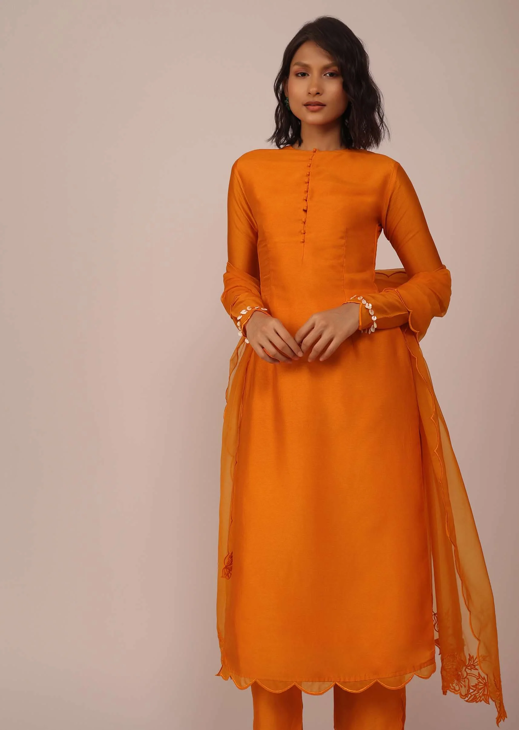 Orange Suit Set In Art Silk Adorned With Tassels - Image 4