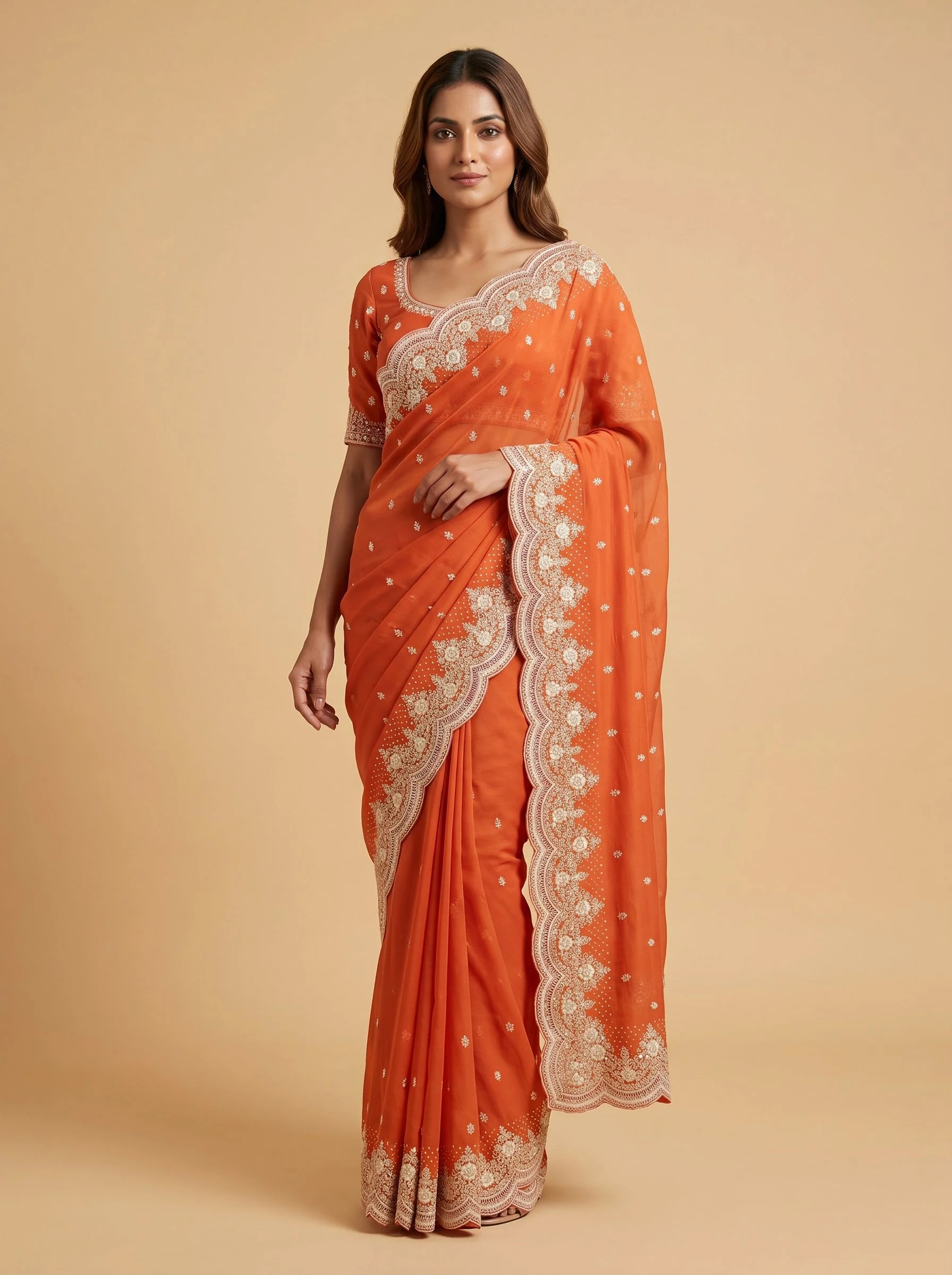 Orange Sunset Glow Embroidered Saree