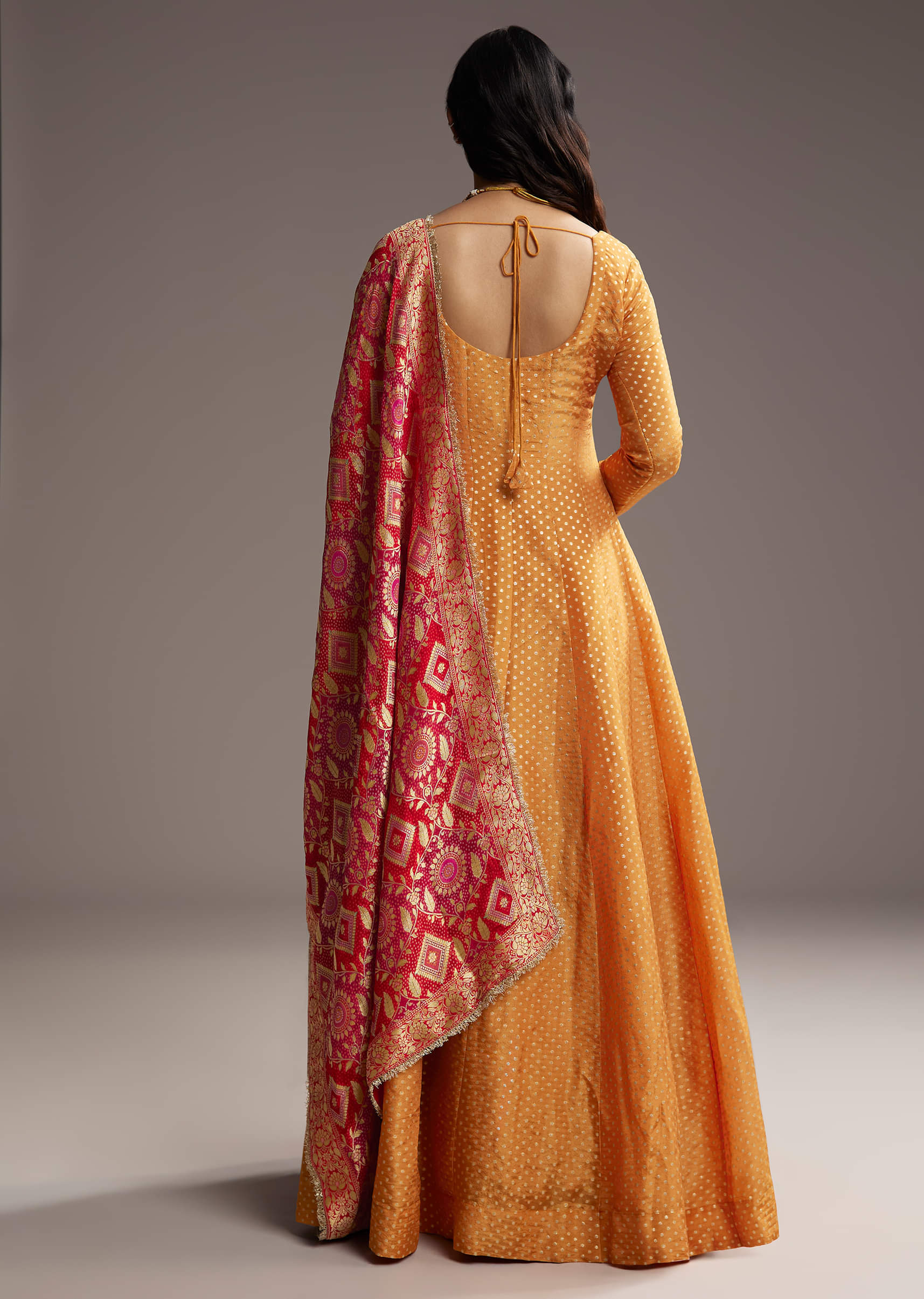 Orange Tissue Anarkali Suit With Butti Work And Printed Silk Dupatta - Image 5