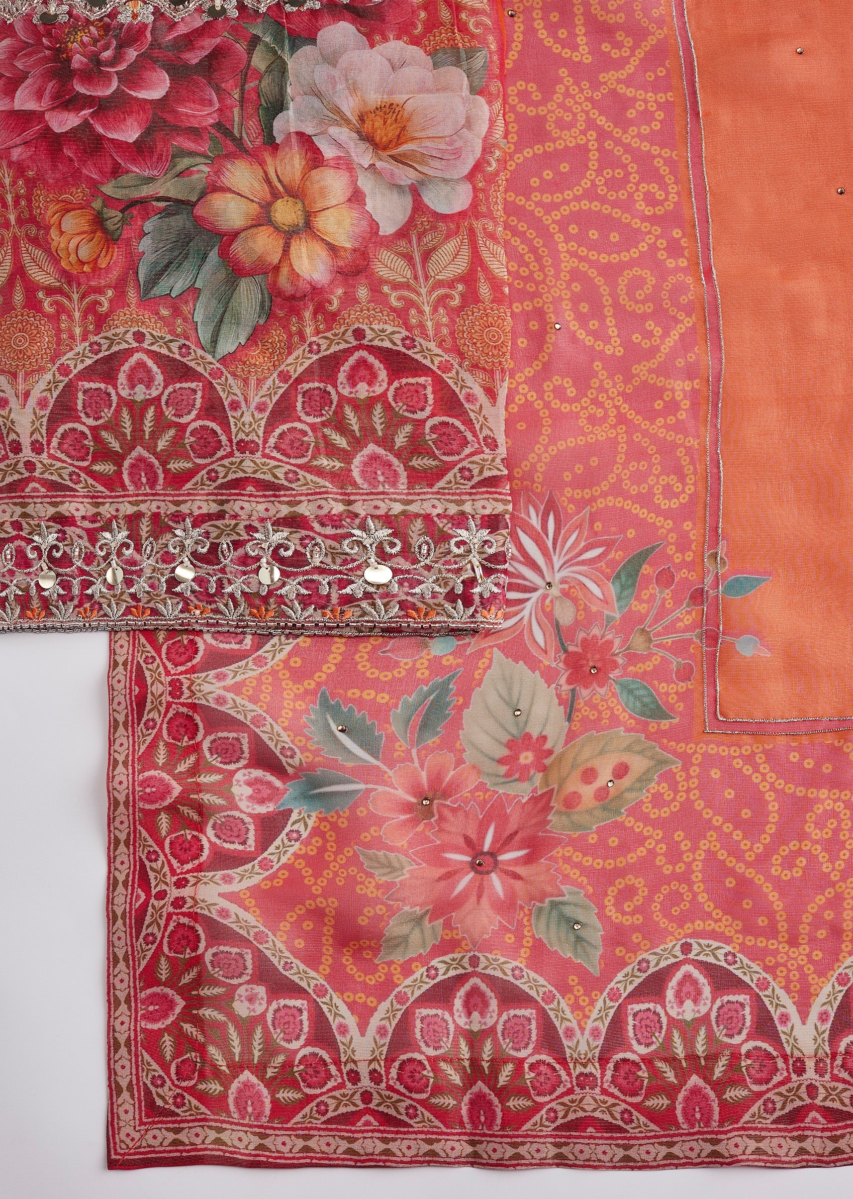 Orange Tissue Printed Unstitched Suit Set With Dupatta - Image 3