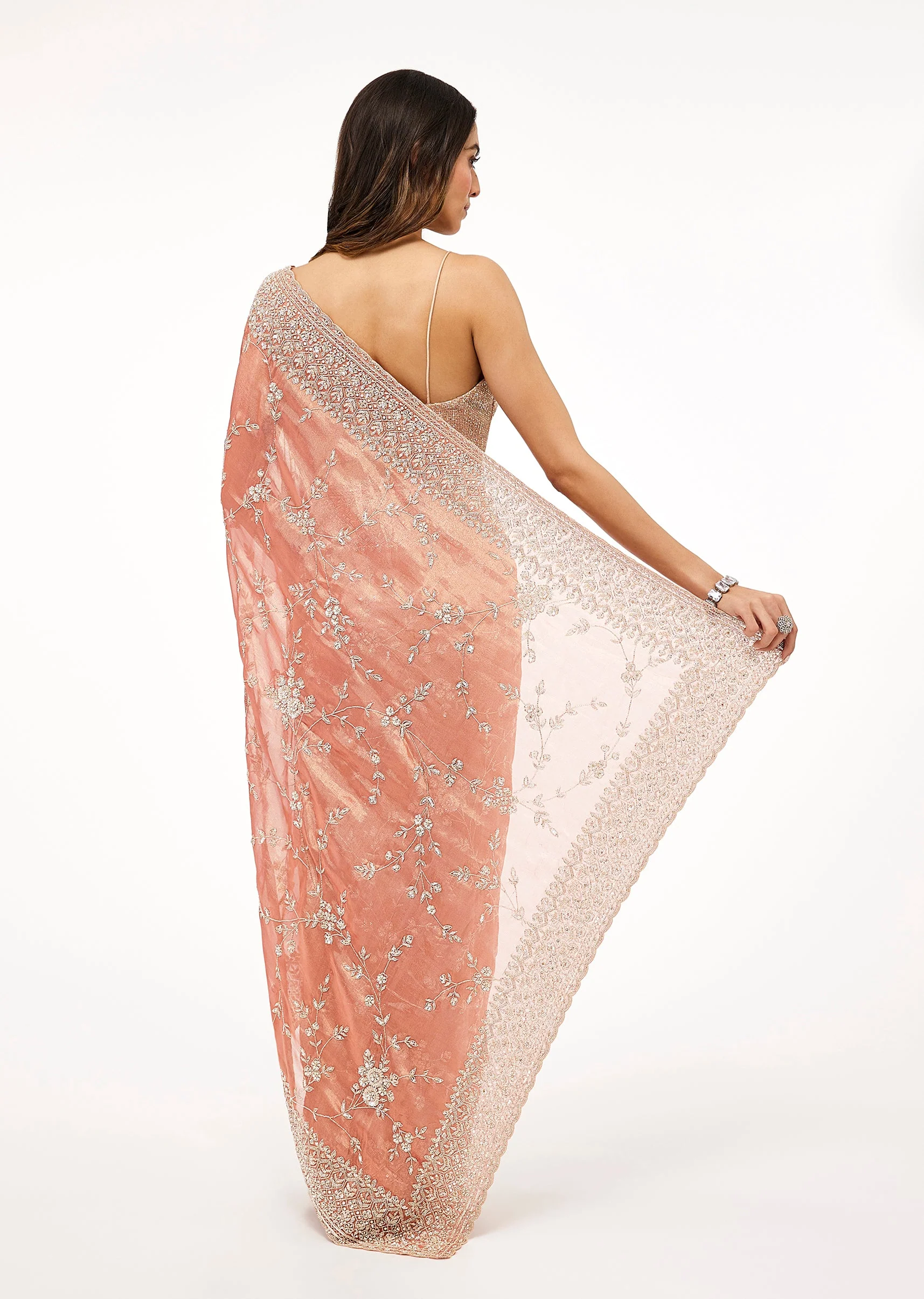 Orange Tissue Saree With Sequins Jaal Embroidery - Image 4