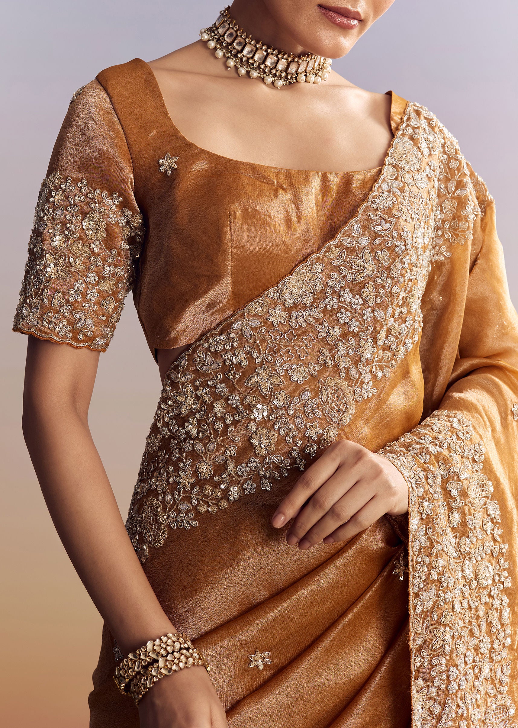 Orange Tissue Saree With Unstitched Heavy Embroidered Border - Image 2