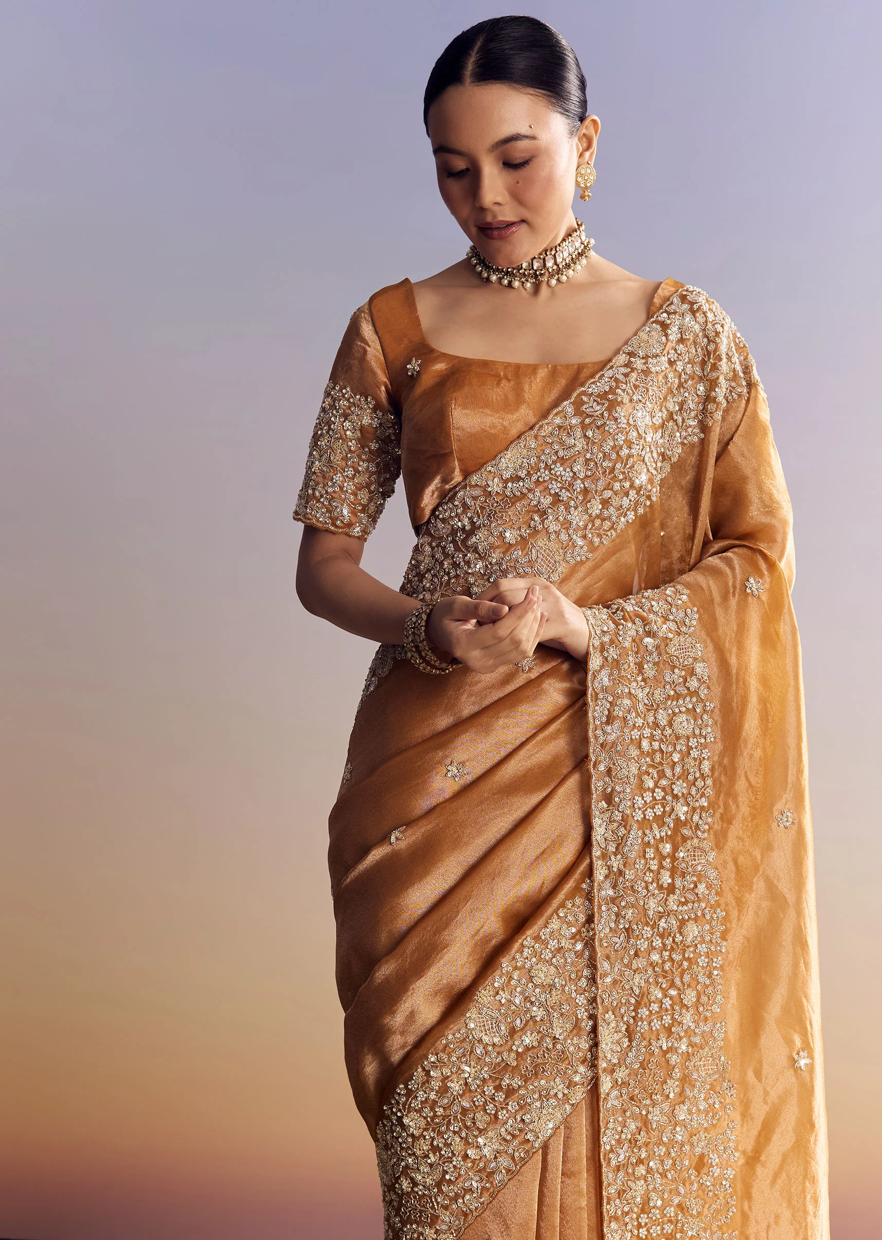 Orange Tissue Saree With Unstitched Heavy Embroidered Border - Image 5